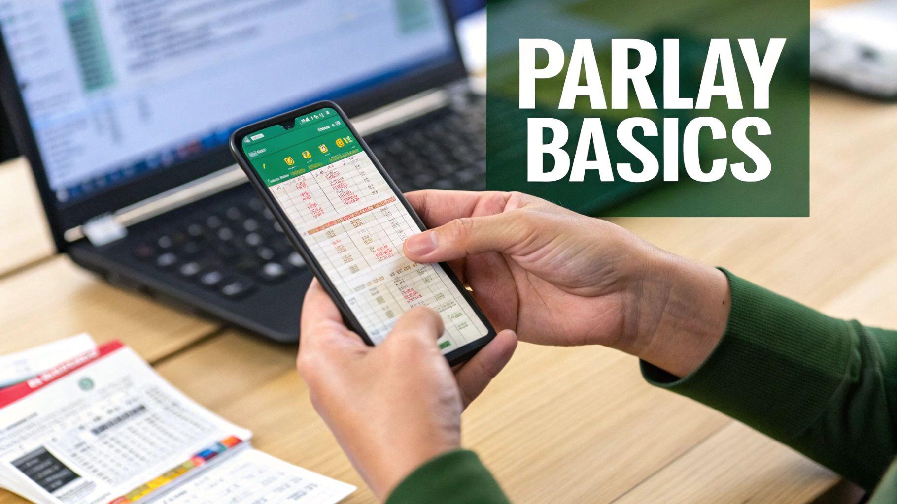 A person placing a sports bet on a mobile phone, representing the concept of parlay betting.