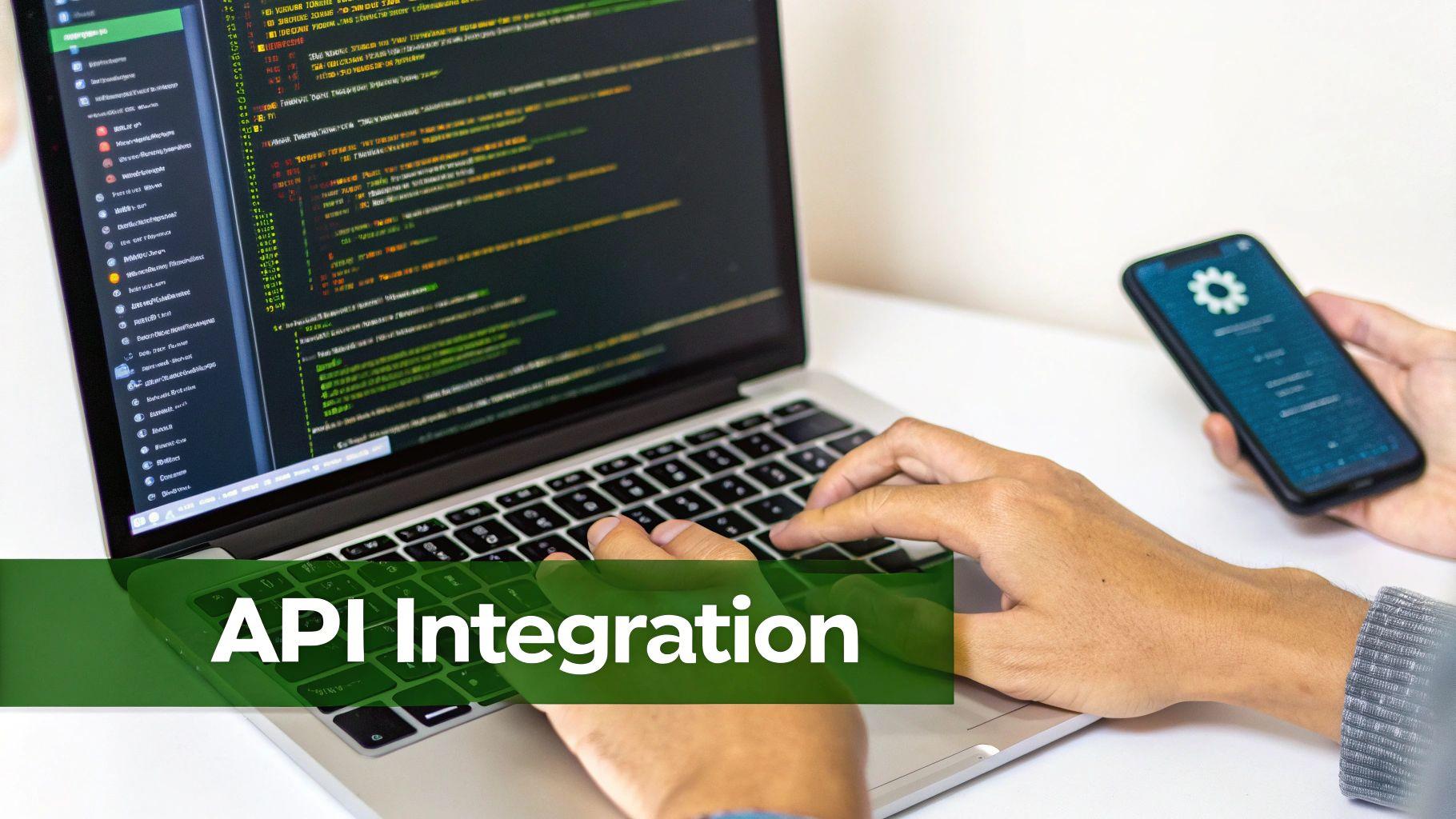 Person coding API integration on a laptop, holding a smartphone with a settings icon.