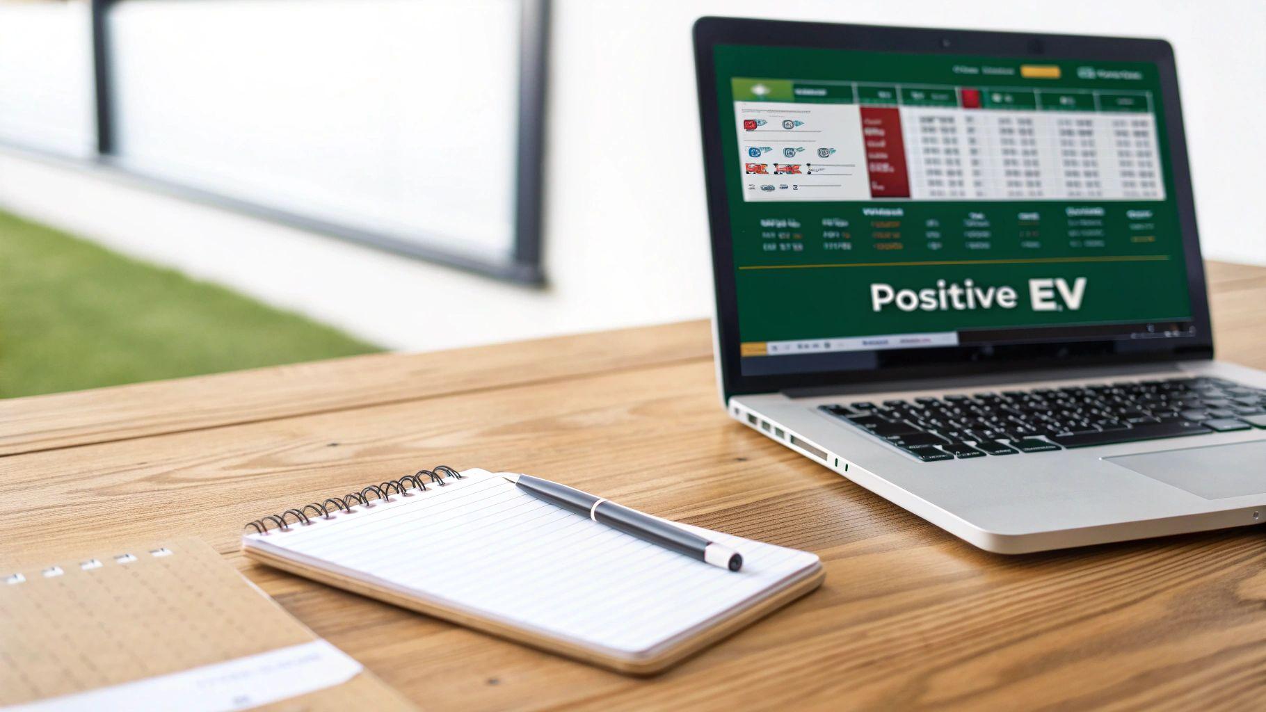 Laptop displaying positive EV betting spreadsheet with notebook and pen on wooden desk
