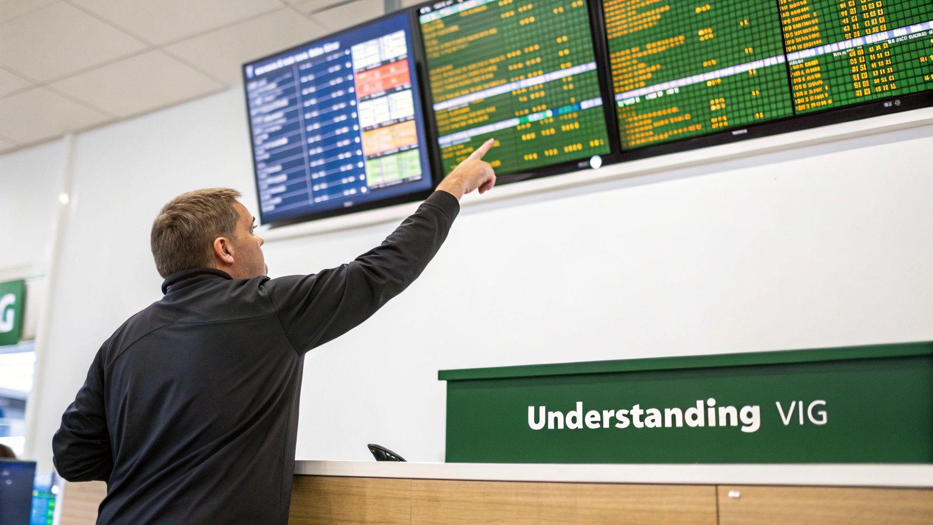 A man points at three large screens displaying betting odds and information, with 'Understanding VIG' visible.