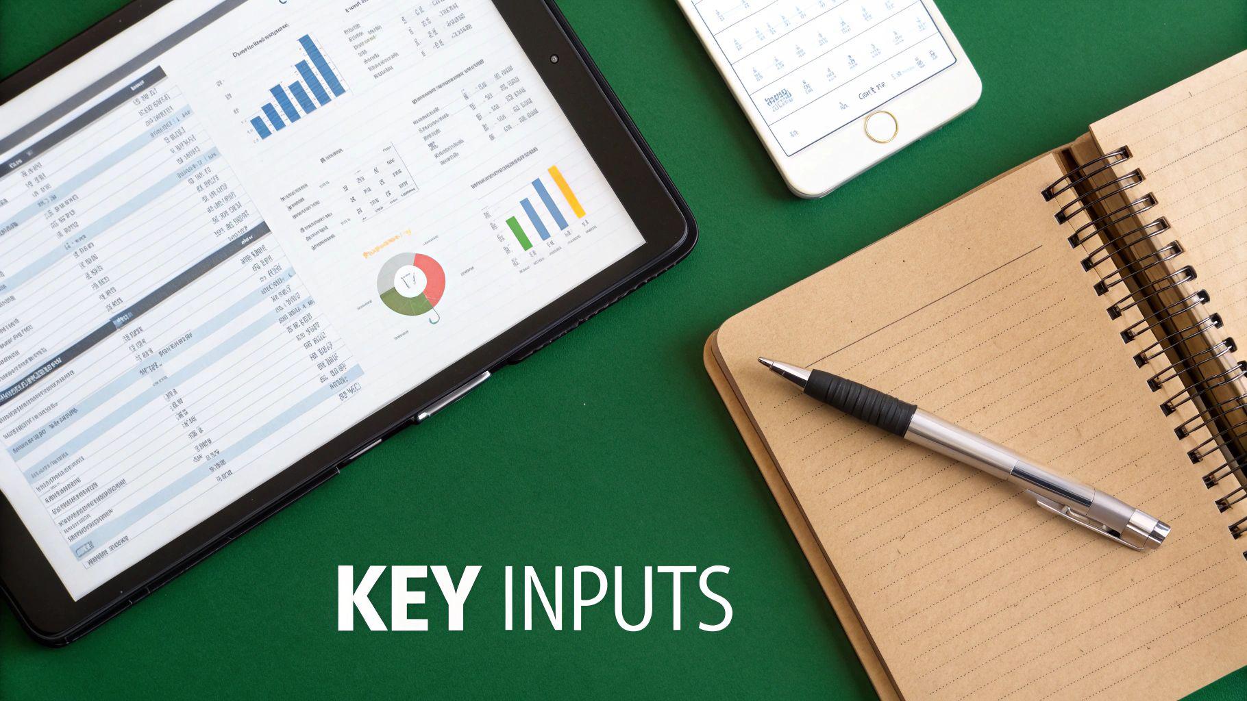 A flat lay of a tablet displaying financial charts, a smartphone, pen, and notebook on a green desk.