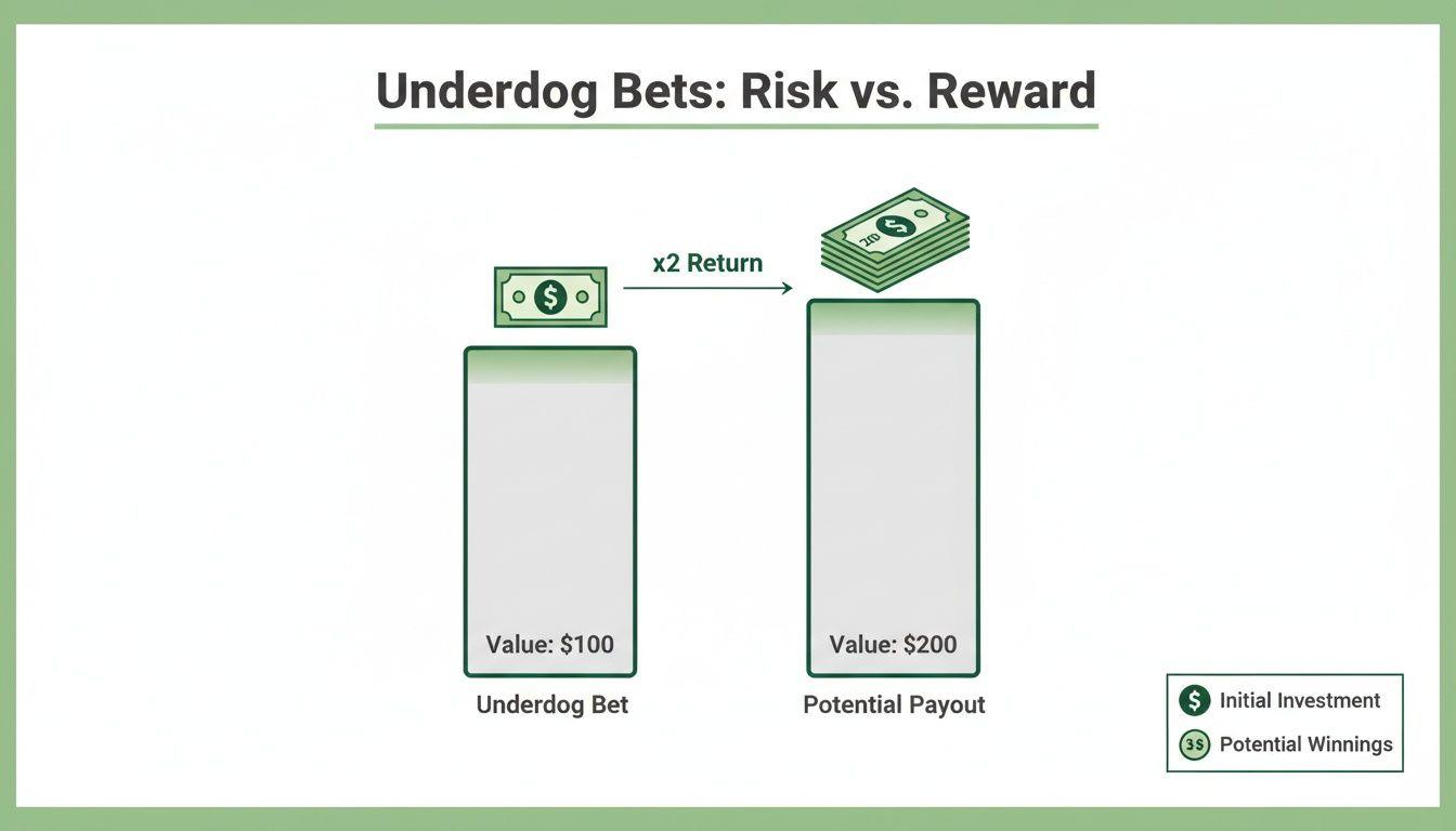Diagram showing an underdog bet of $100 leading to a potential $200 payout, illustrating a 2x return.