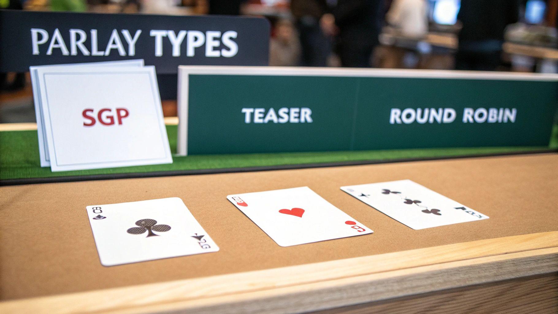 A person looking at various sports betting options on a screen, representing different types of parlays.