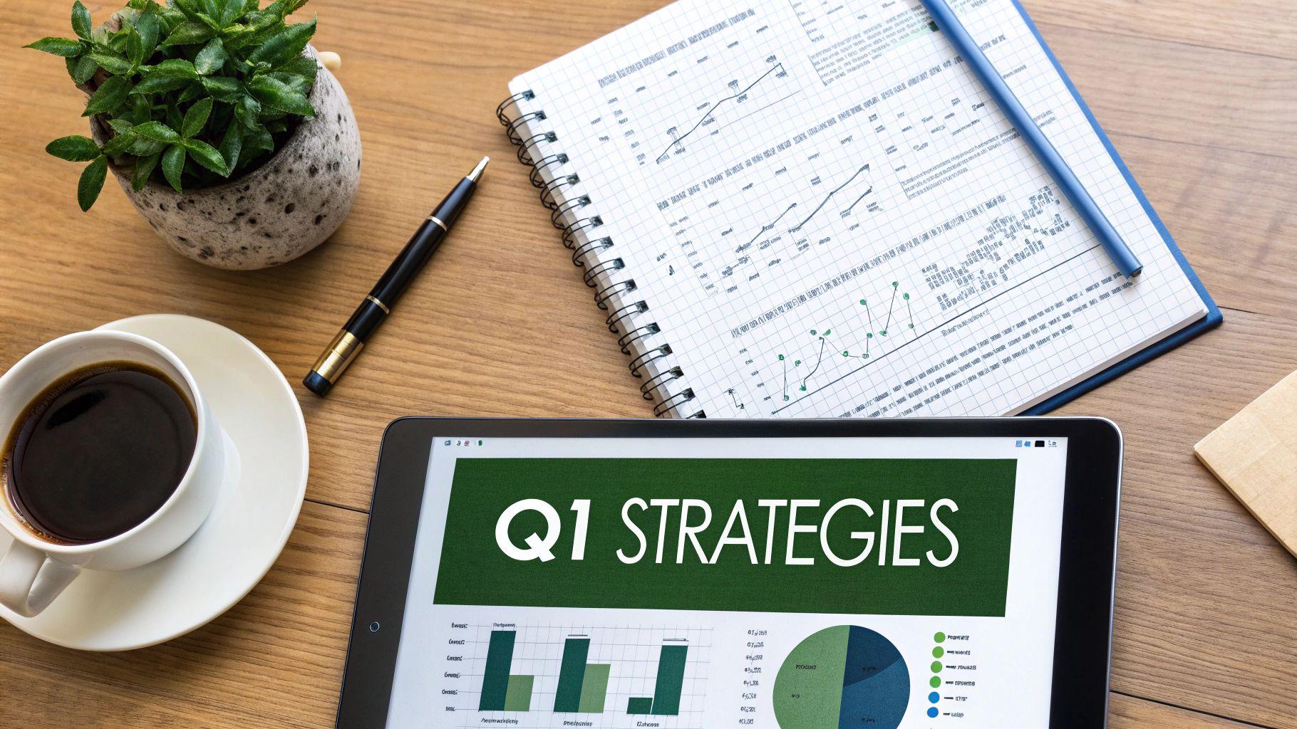 Overhead view of a desk with coffee, notebook, plant, pen, and tablet displaying Q1 strategies and charts.