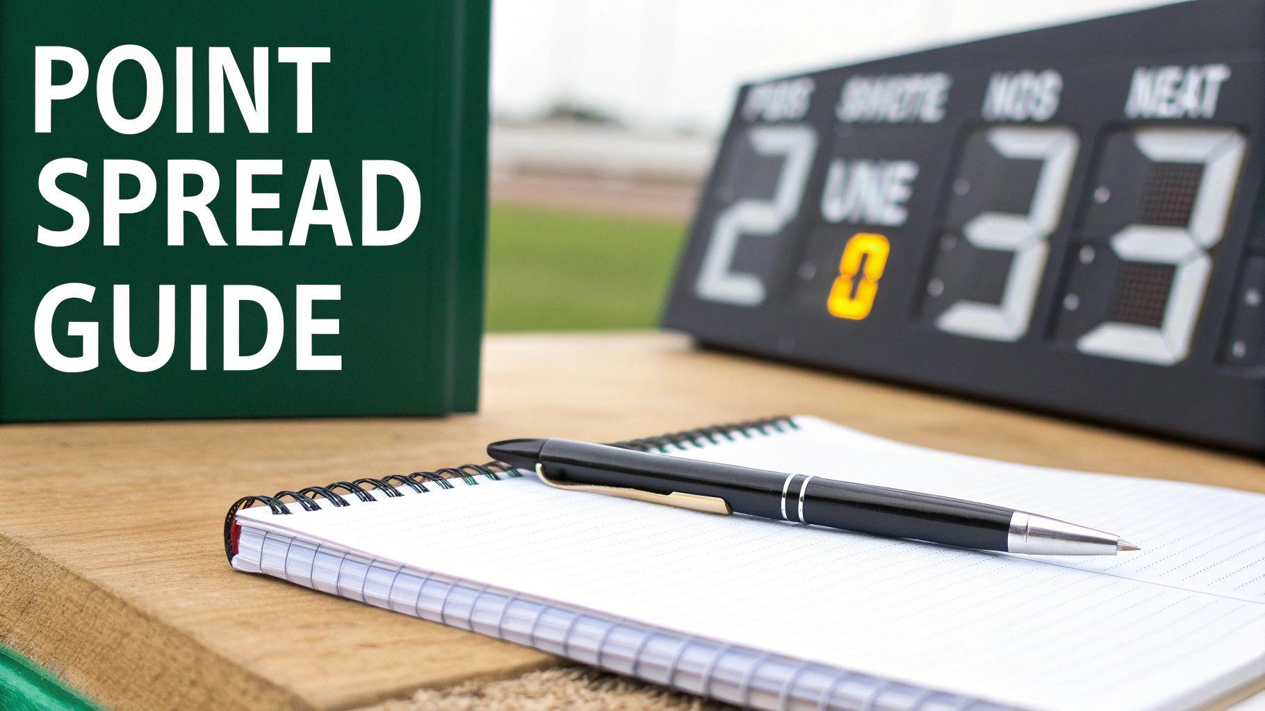 A 'POINT SPREAD GUIDE' sign next to a digital score tracker, notebook, and pen, suggesting sports betting analysis.