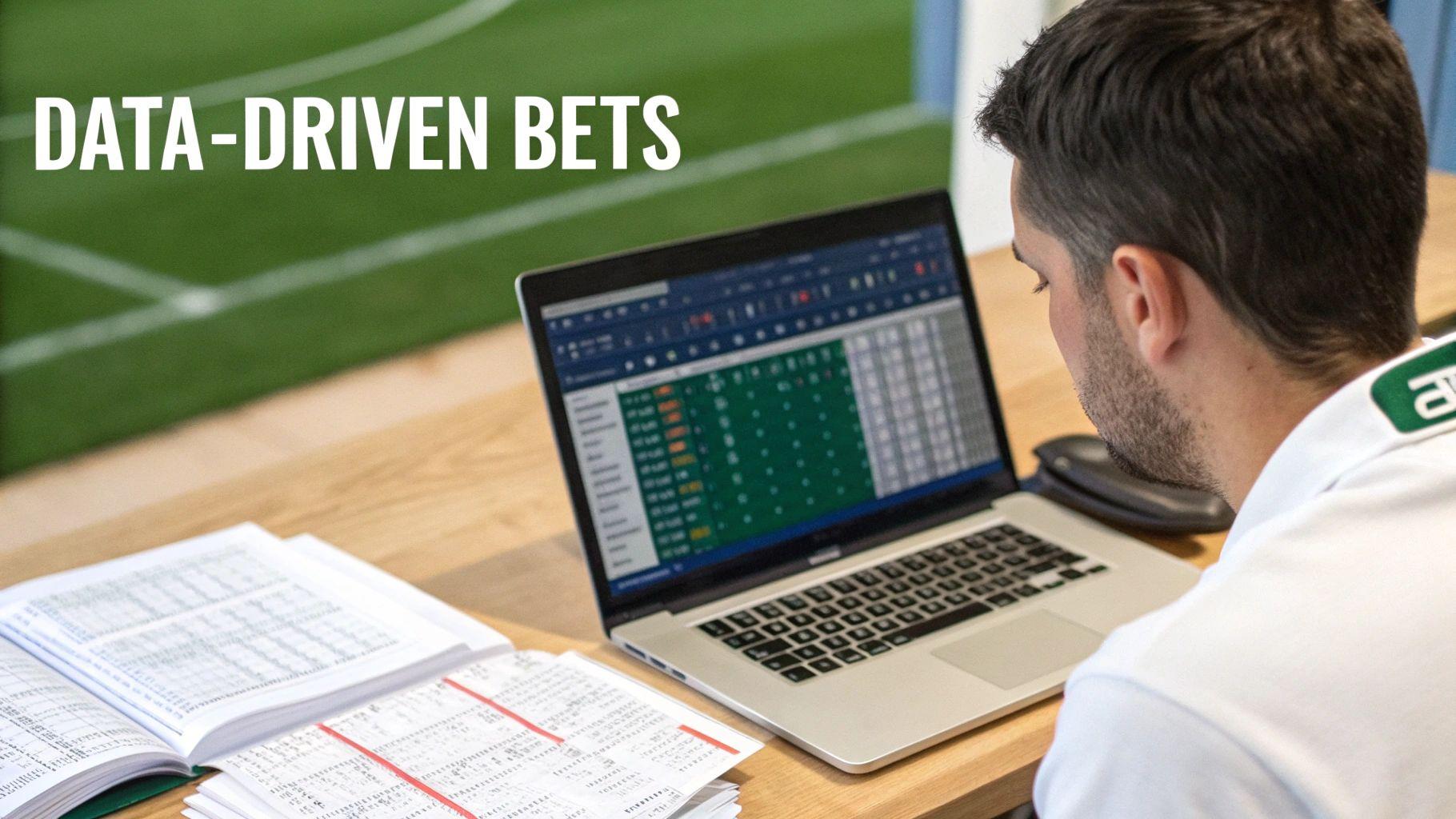 A man intensely analyzes data on a laptop and papers for data-driven betting, with a sports field background.