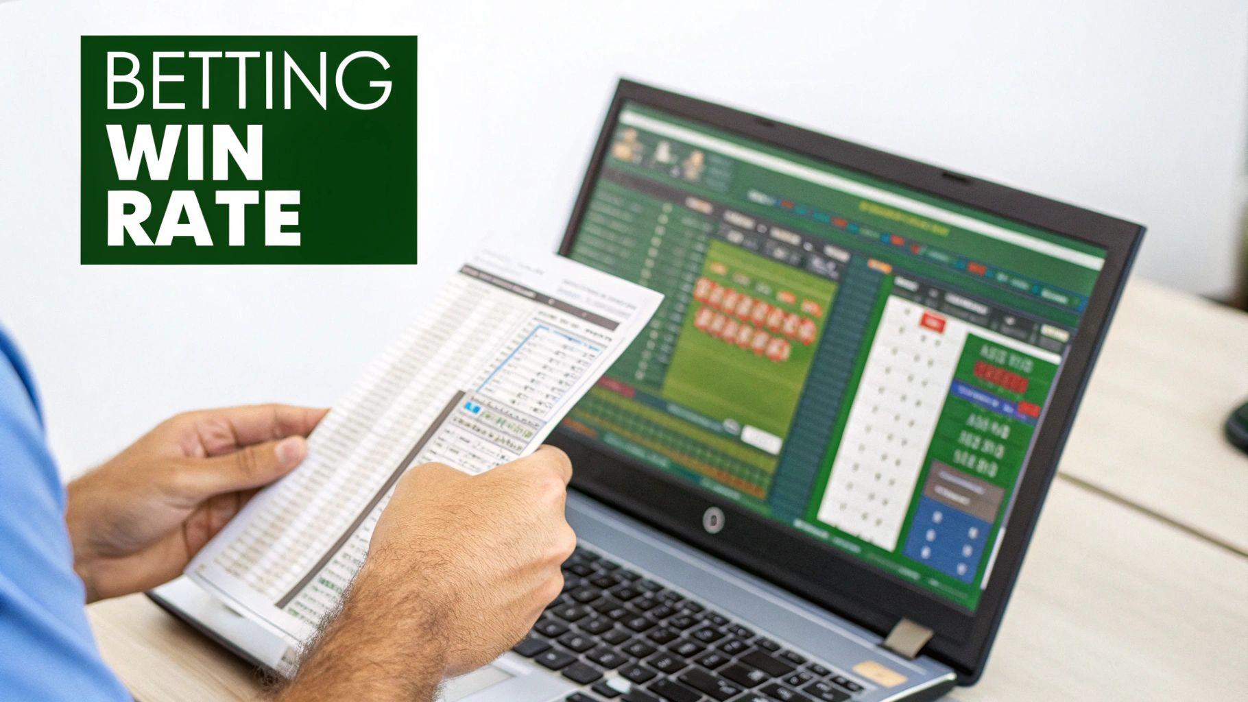 A person analyzes betting win rate data on paper while looking at a laptop with sports betting information.