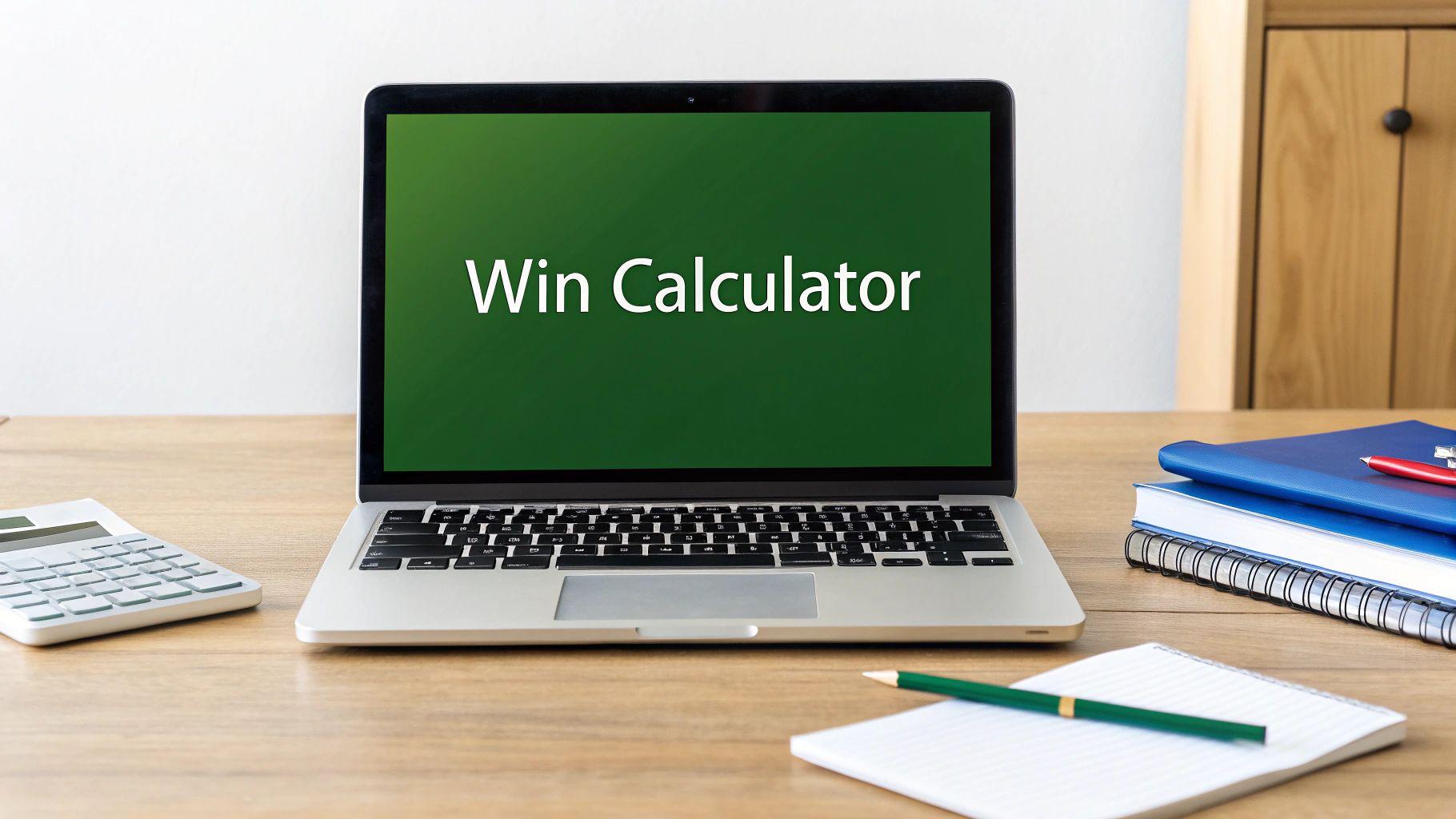 A laptop displaying 'Win Calculator' on a green screen, with a physical calculator, notebooks, and a pen on a wooden desk.