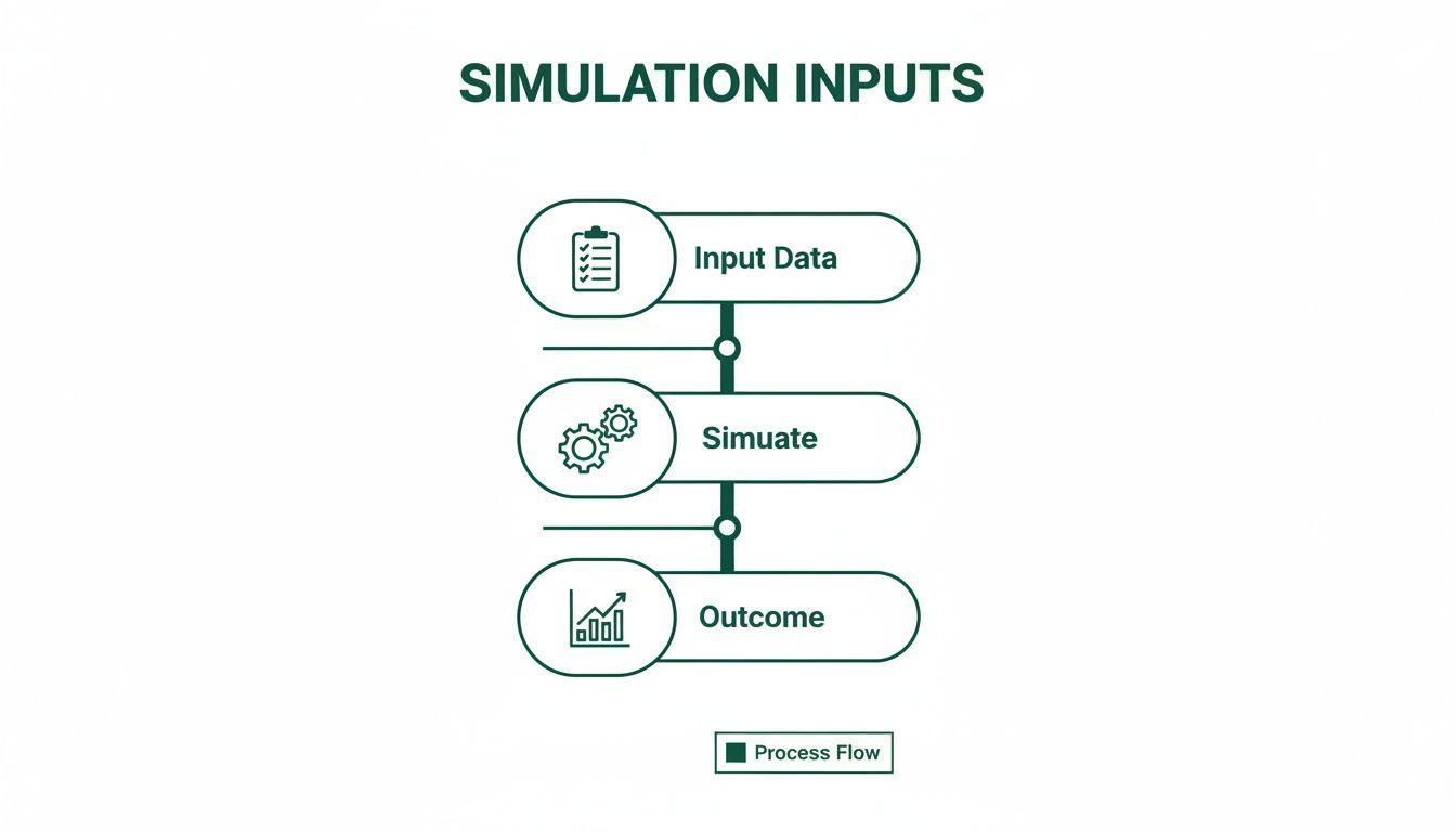 A simulation inputs process flow diagram with steps: Input Data, Simulate, and Outcome, with icons.