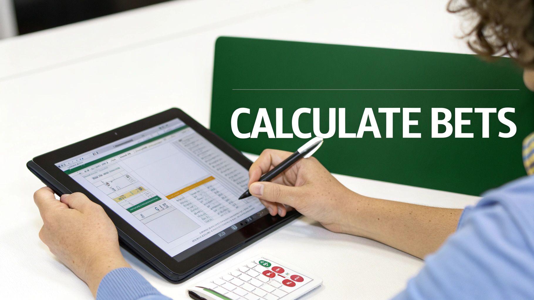 Person uses a stylus on a tablet showing betting calculations, with a calculator and 'CALCULATE BETS' text.