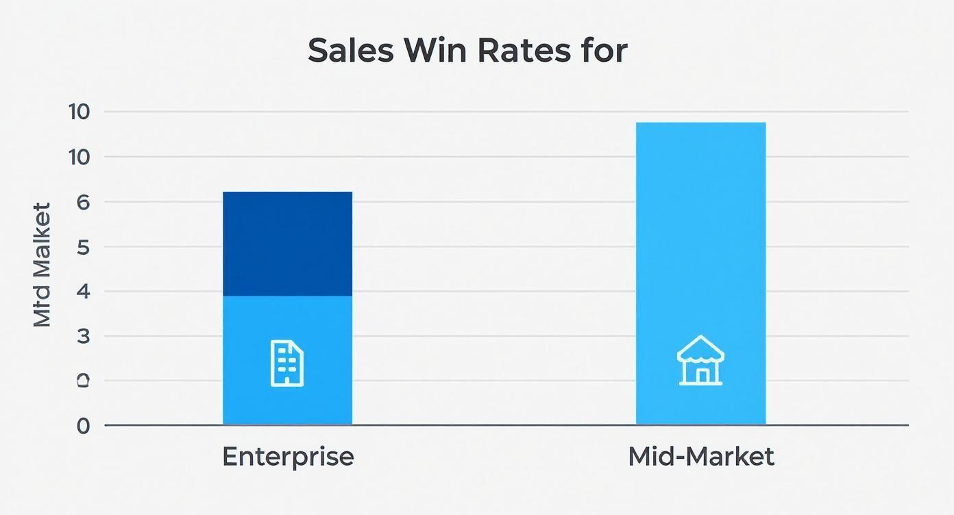 Bar chart illustrating sales win rates for Enterprise (6.5%) and Mid-Market (9.5%).