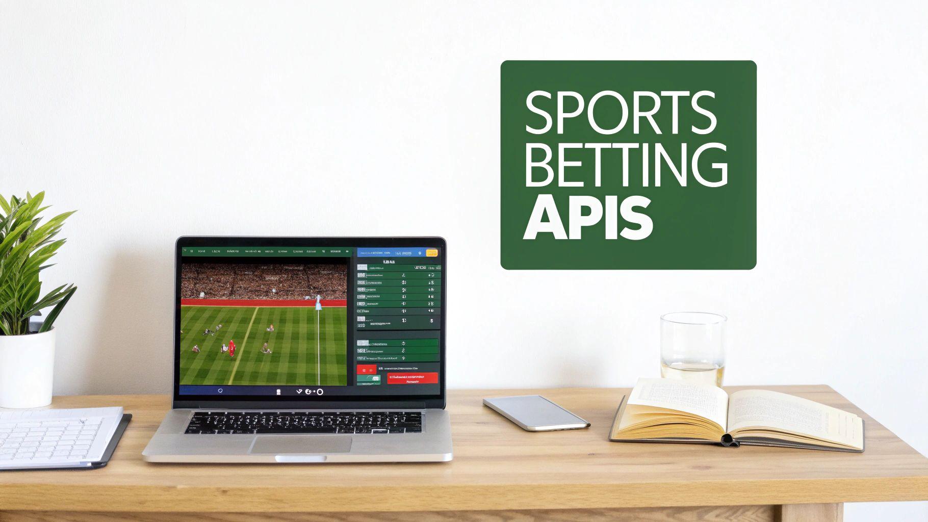 A laptop displays a live sports game and betting interface, with a 'Sports Betting APIs' sign above.