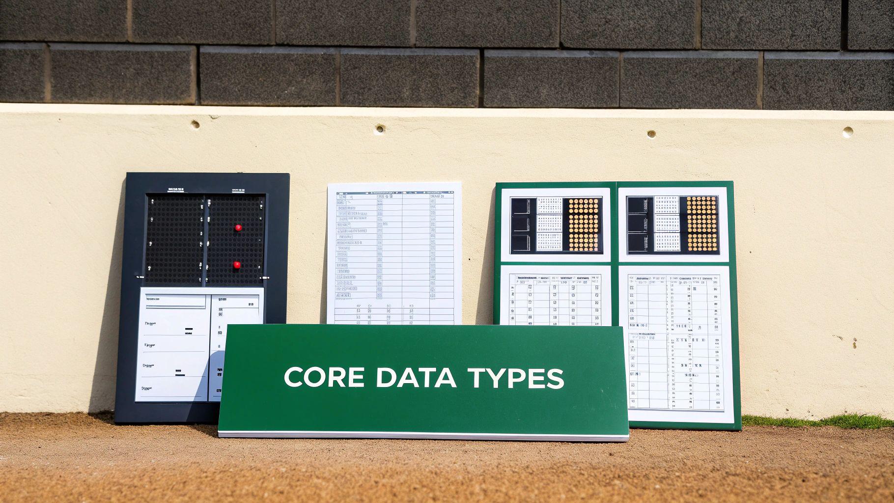Several sports scoreboards and data displays, along with a 'CORE DATA TYPES' sign, on a field.