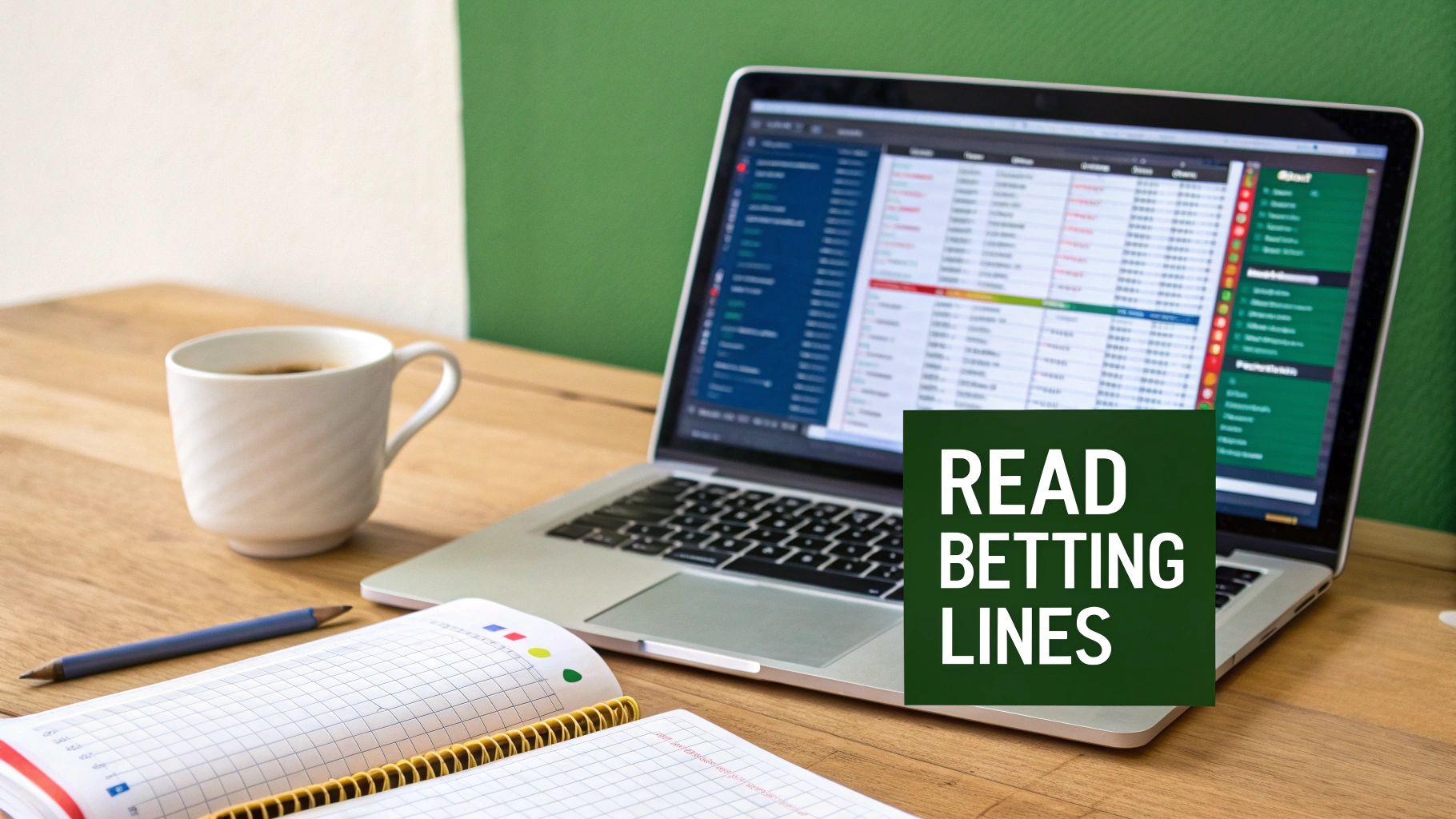 A person studies betting lines on a laptop with coffee and notebook on a wooden desk.