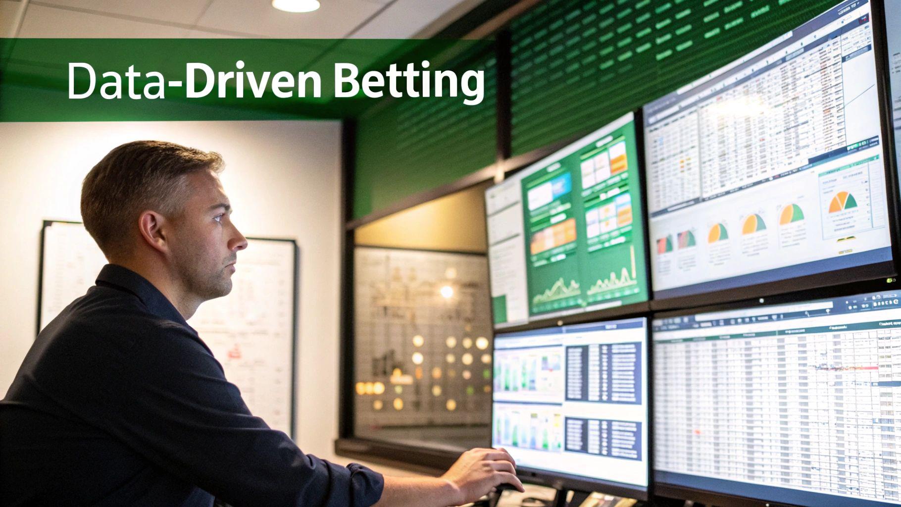 A person using a laptop with sports analytics and graphs displayed on the screen, indicating a strategic approach to betting.