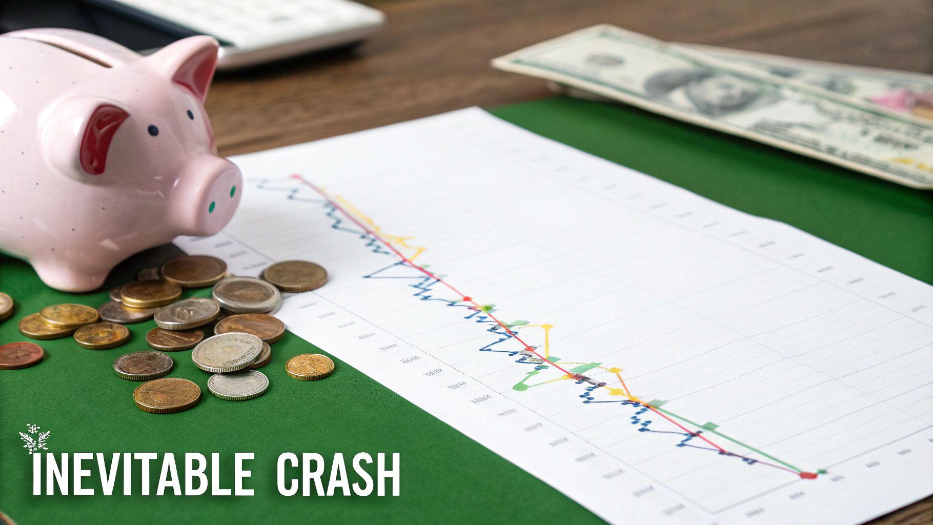 A piggy bank and scattered coins beside a financial graph showing a steep market decline.