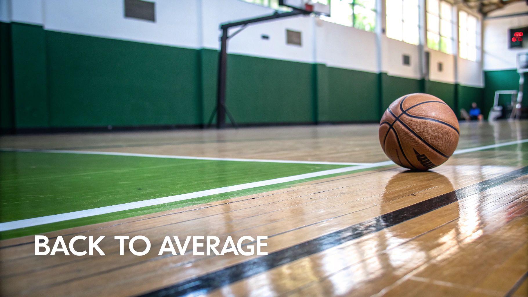 A basketball rests on a glossy wooden court with green lines and the text 'BACK TO AVERAGE'.