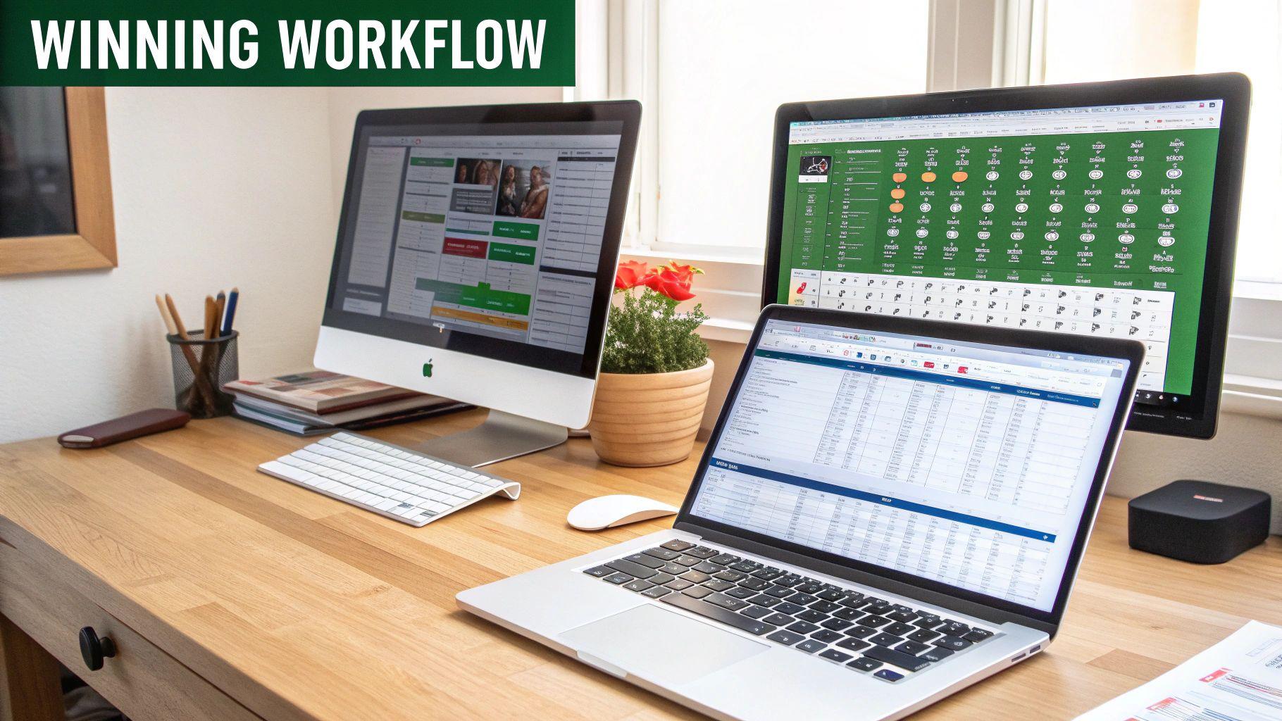 A bright home office setup with two monitors, a laptop, keyboard, mouse, and a potted plant on a wooden desk.