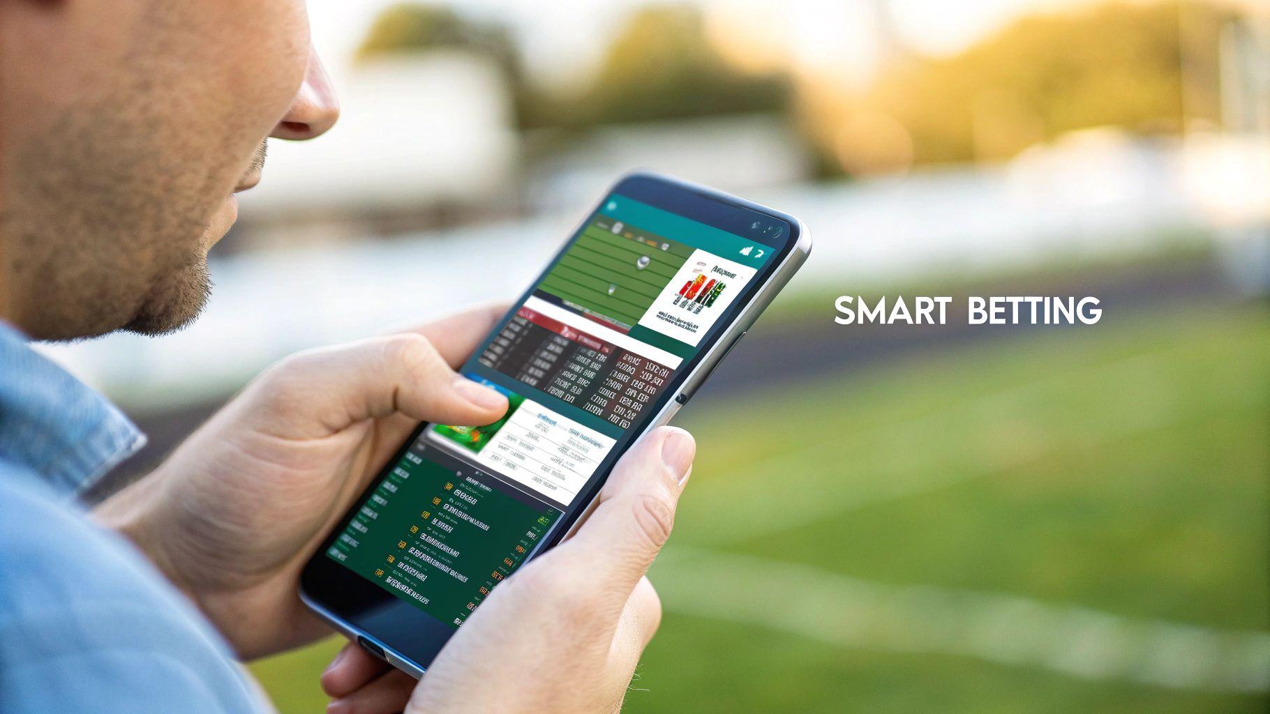 A person analyzes sports betting data on a tablet, with a stadium in the background, representing the application of strategy.