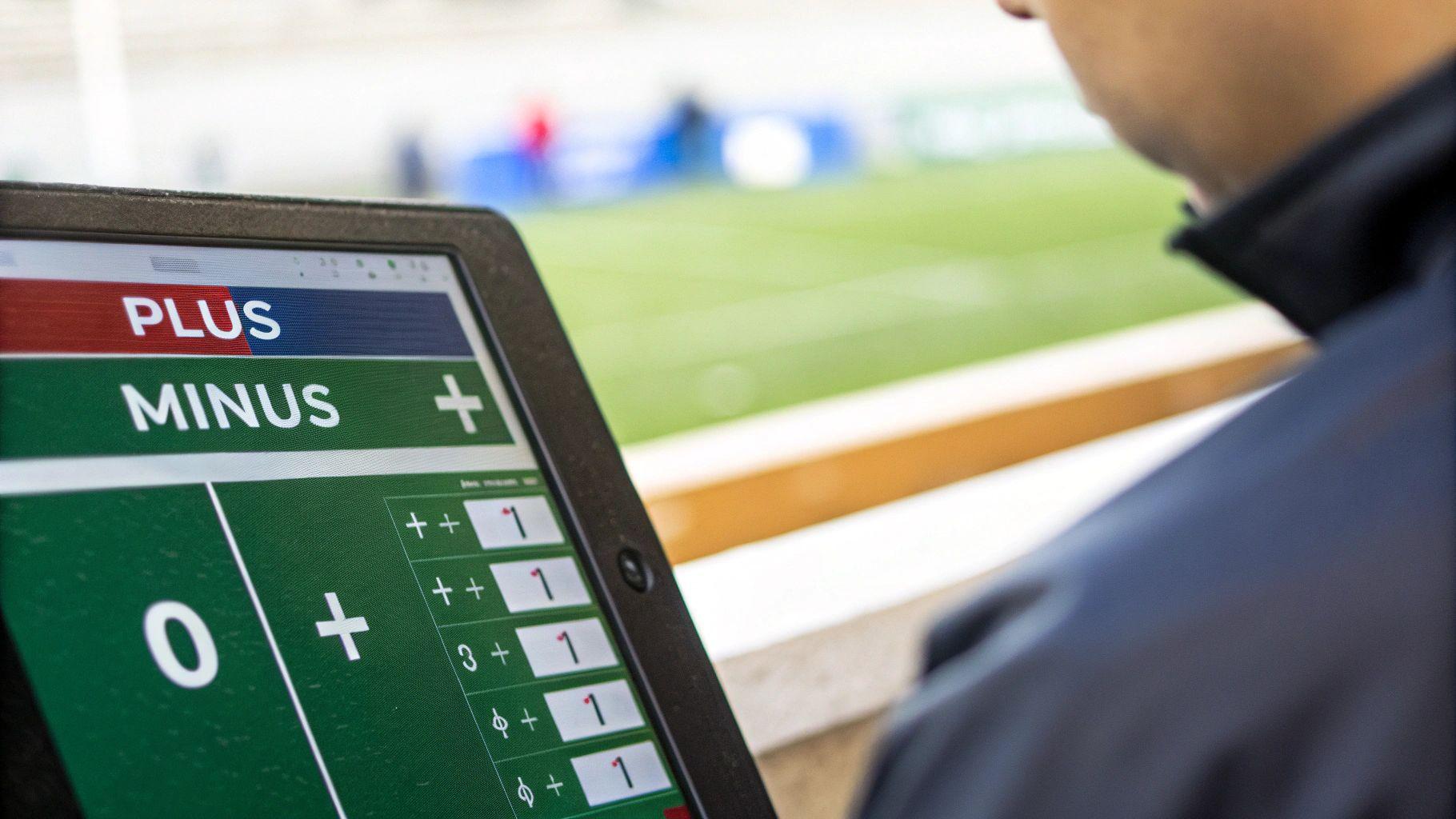A person views a tablet screen displaying 'PLUS' and 'MINUS' options for sports scoring, with a green field in the background.