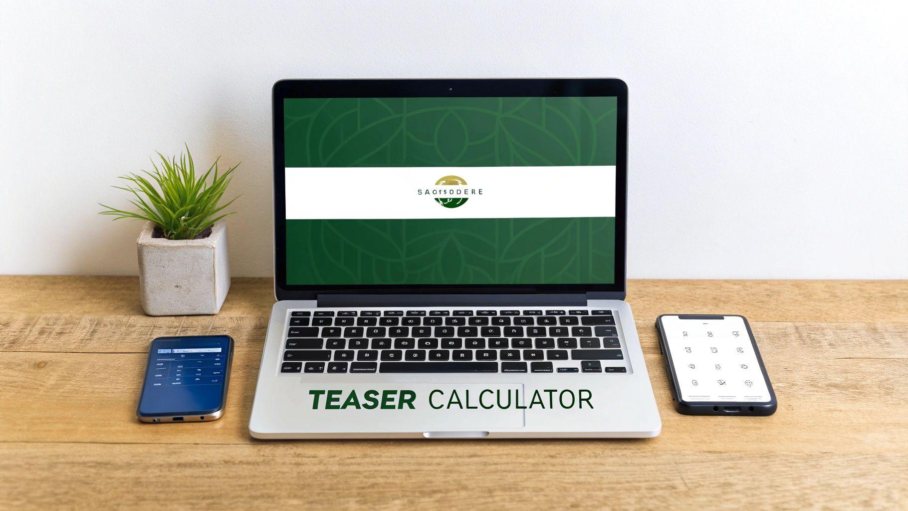 A laptop displaying 'SACR SODERE' and 'TEASER CALCULATOR' on a desk with two smartphones and a plant.
