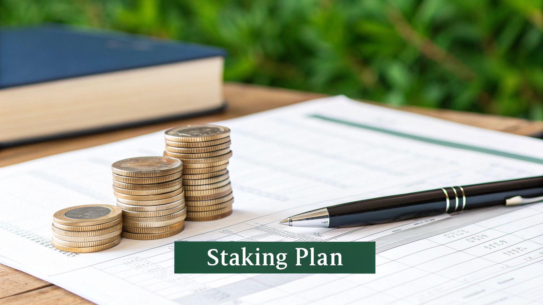 Stacks of golden coins, a pen, and a document on a wooden table, symbolizing financial planning and investment.