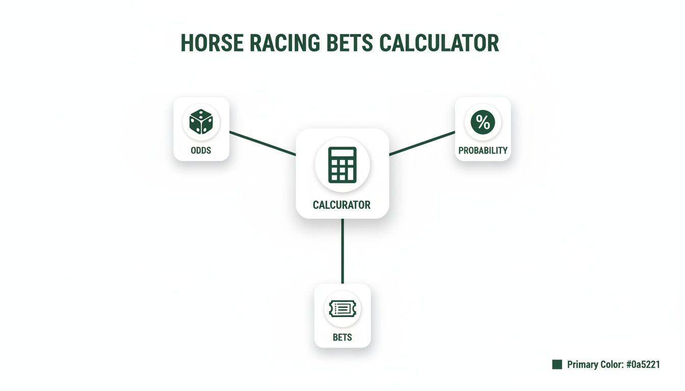 Diagram illustrating a horse racing bets calculator, connecting odds, probability, and betting outcomes.