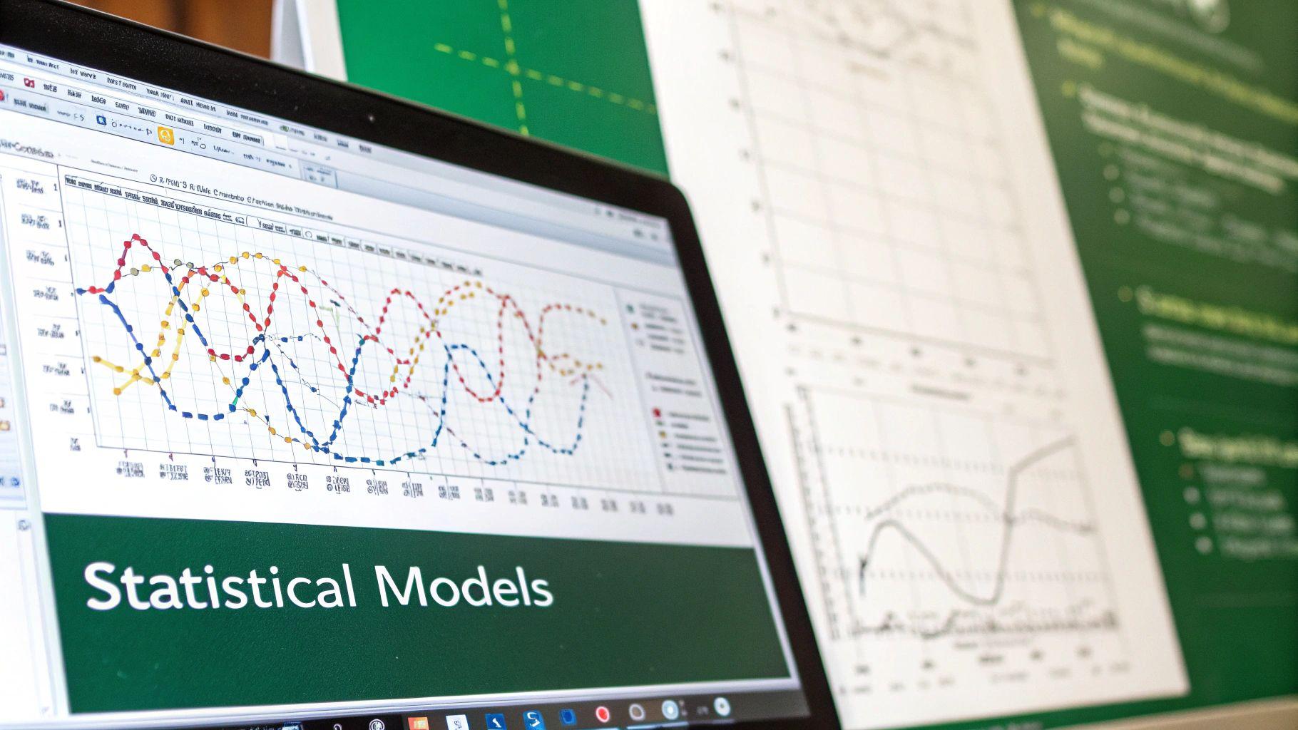A chart with financial indicators and upward trends overlaid on a sports stadium, representing profitable statistical models.