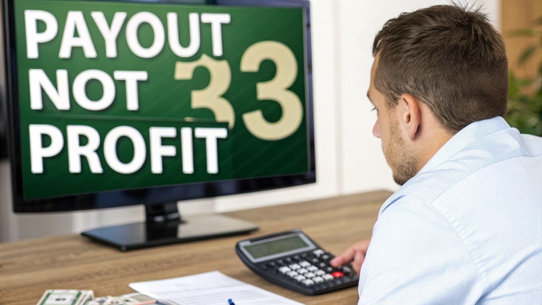 A man calculates finances on a desk, looking at a monitor displaying 'PAYOUT NOT PROFIT 33'.