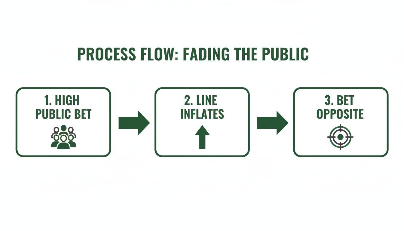 A process flow diagram shows three steps: high public bet, line inflates, then bet opposite.