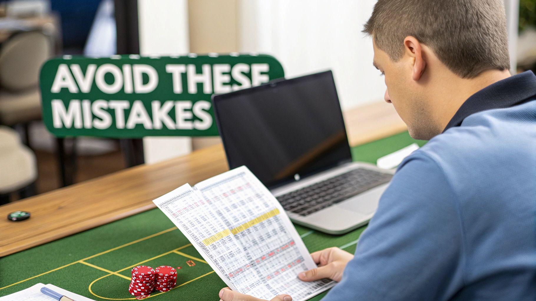 A man reviews a data sheet at a poker table with chips, a laptop, and a warning sign.