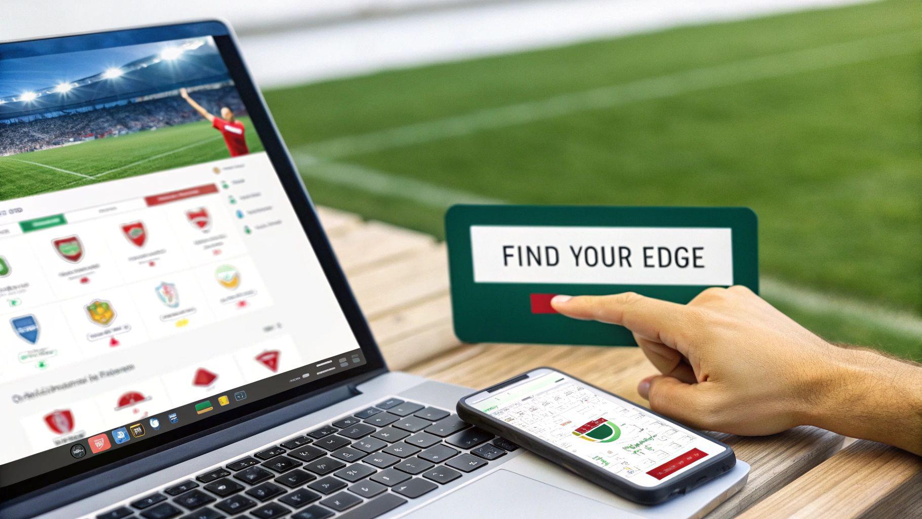 A hand points to a "FIND YOUR EDGE" sign, with a laptop and phone displaying sports analysis content.