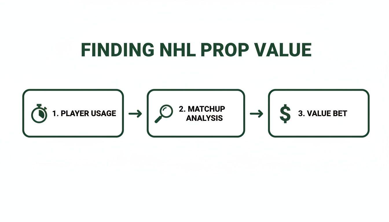 Flowchart illustrating three steps to find value in NHL player prop bets: usage, analysis, and bet.