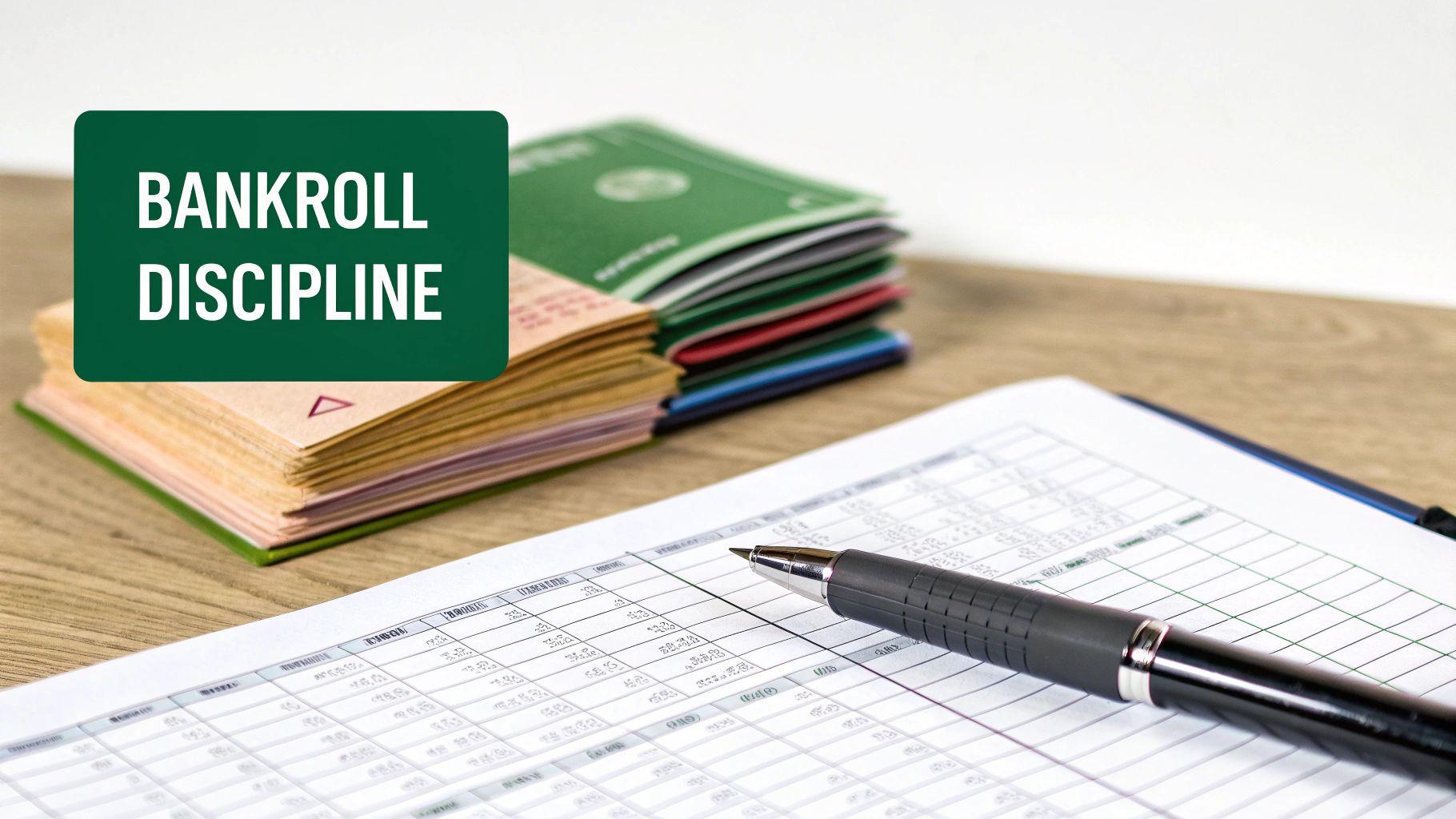 Bankroll discipline concept with cash money, spreadsheets and pen for sports betting budget management