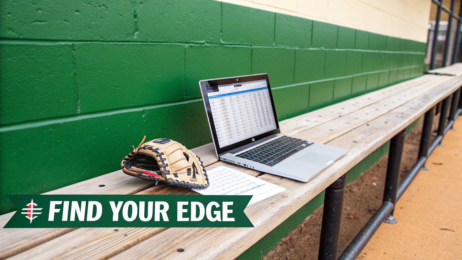 Baseball glove, laptop with spreadsheet, and papers on a wooden dugout bench at a baseball field.