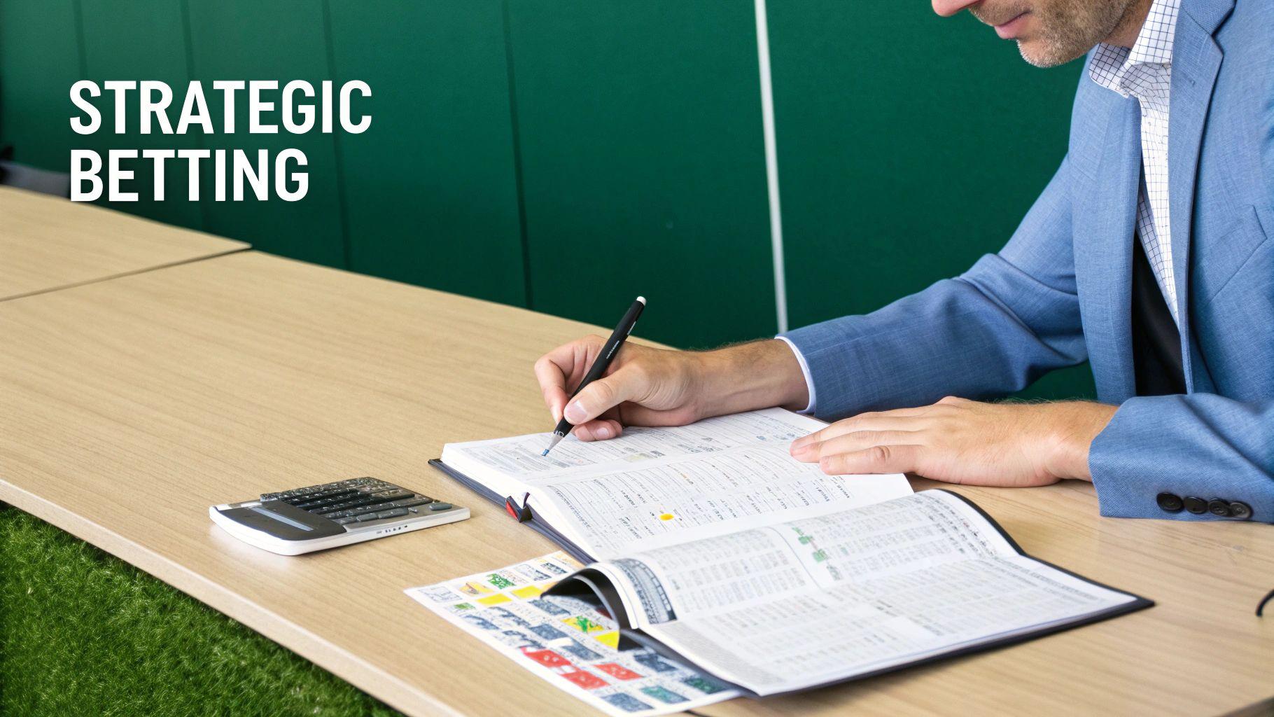 A person studying sports betting odds on a laptop with a focused expression.