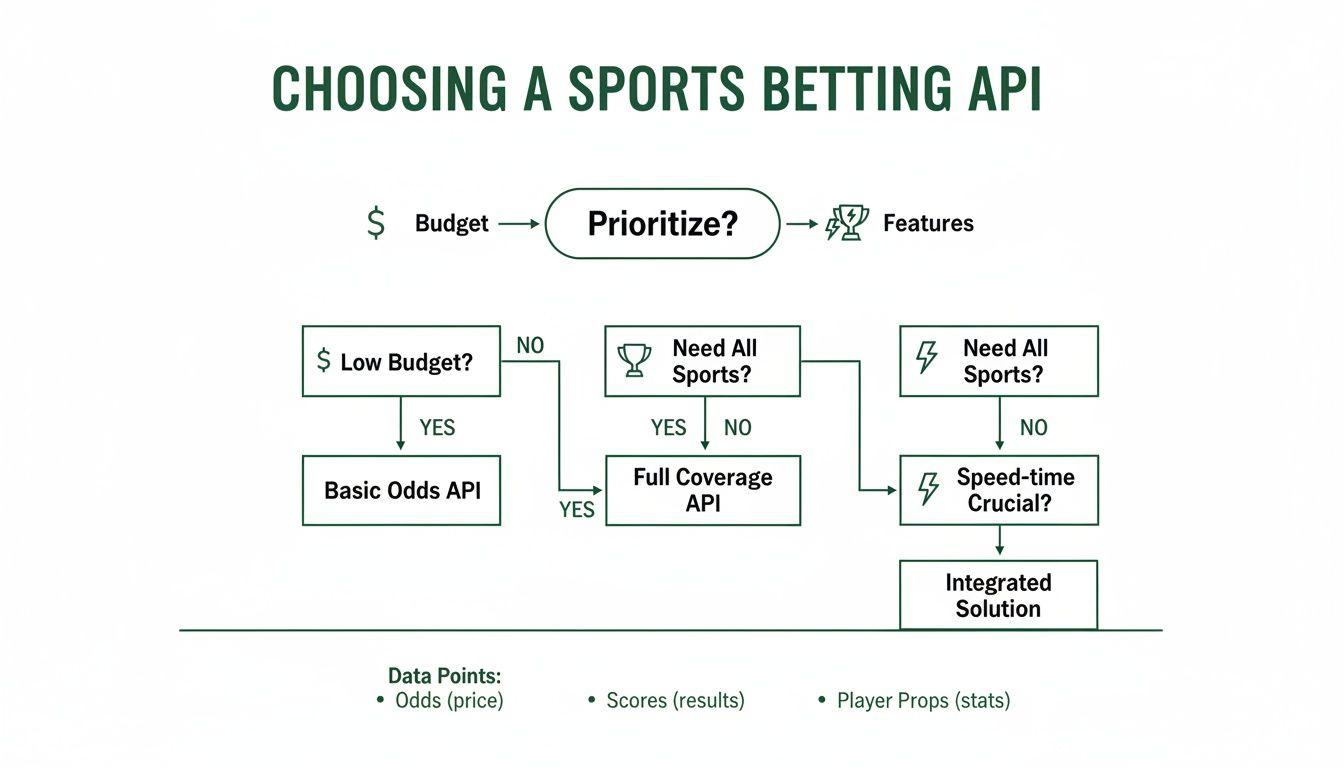 Flowchart illustrating the decision-making process for choosing a sports betting API based on budget and feature needs.