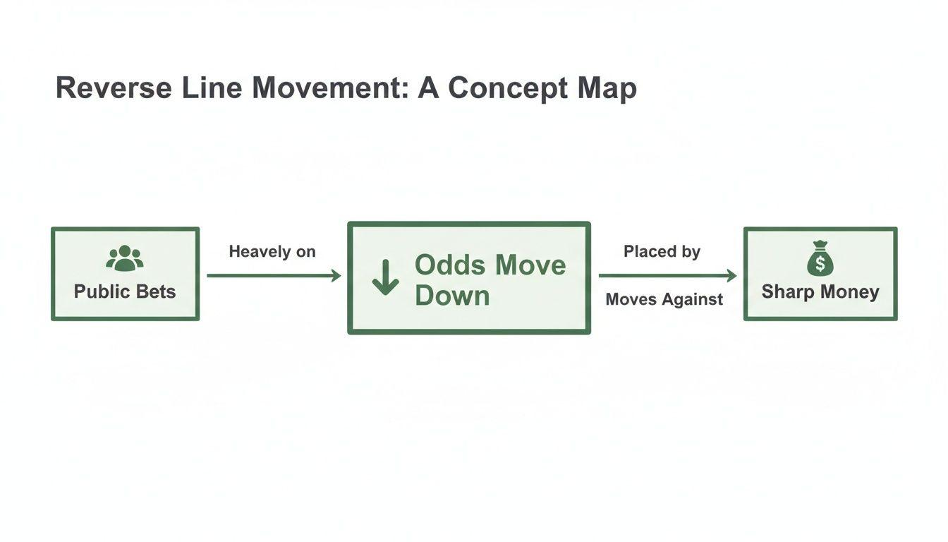 Concept map explaining Reverse Line Movement: Public Bets lead to Odds Moving Down, then Sharp Money bets against it.
