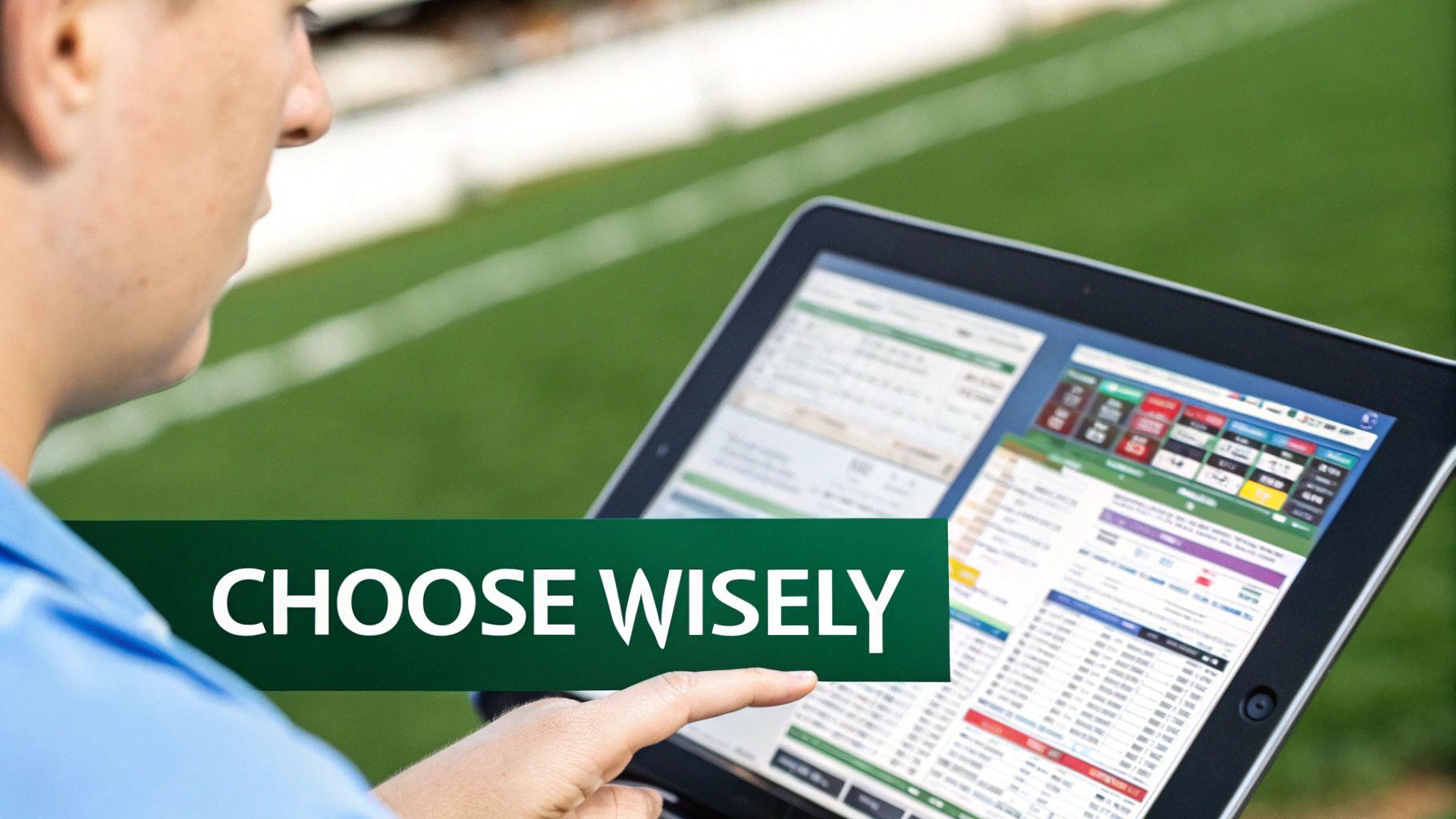 Person reviewing sports betting odds on a tablet screen with 'Choose Wisely' text overlay on a green field.