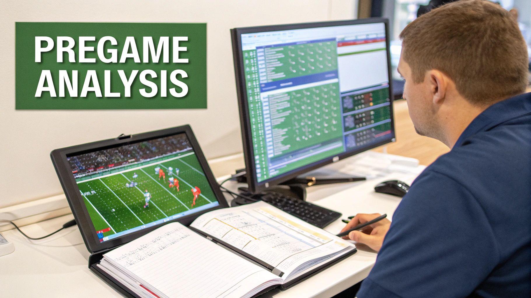 Sports analyst reviewing football game footage and data spreadsheets for pregame betting analysis