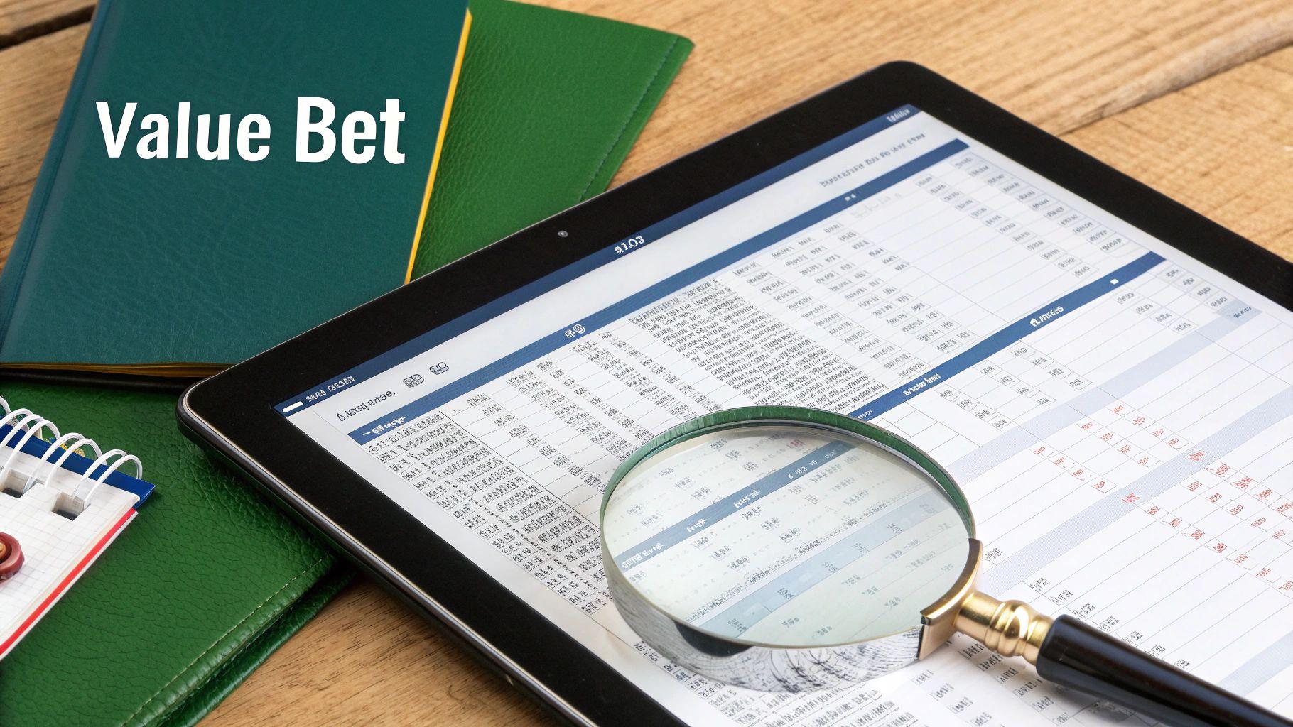 A person's hands holding a smartphone displaying betting odds and charts, with a blurred sports stadium in the background.