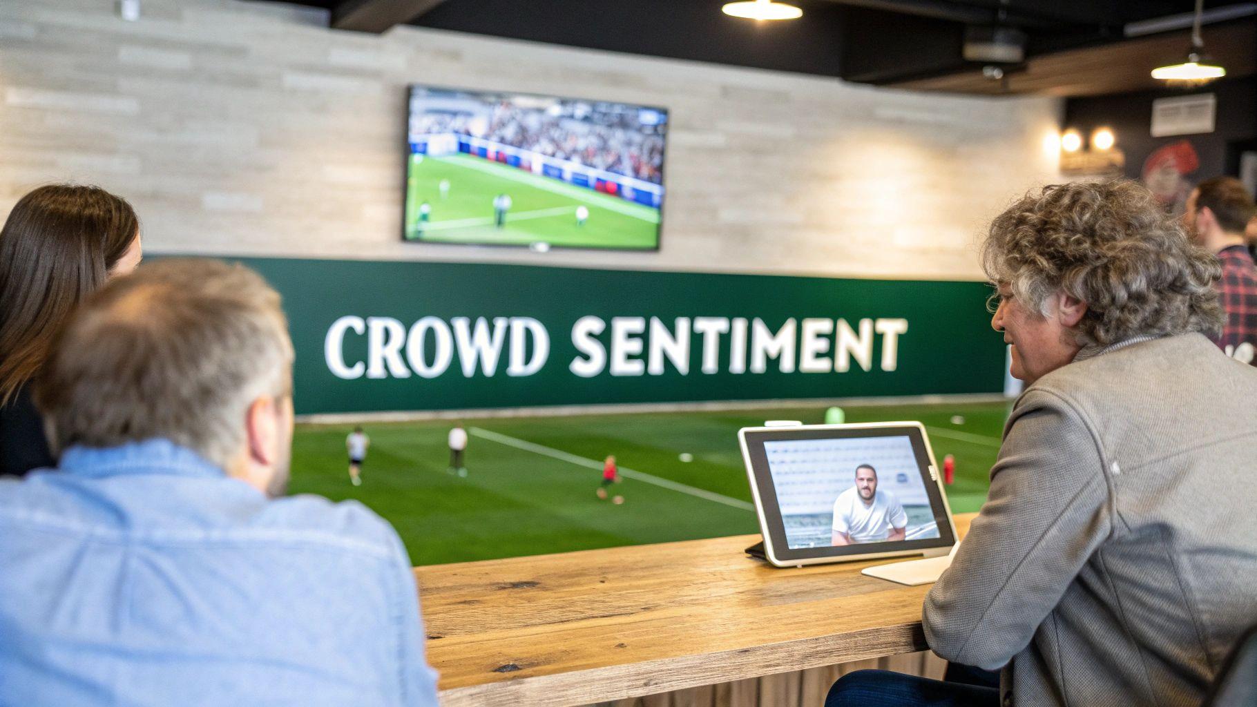 People watching an indoor soccer game on a large screen and a tablet, with a 'CROWD SENTIMENT' sign.