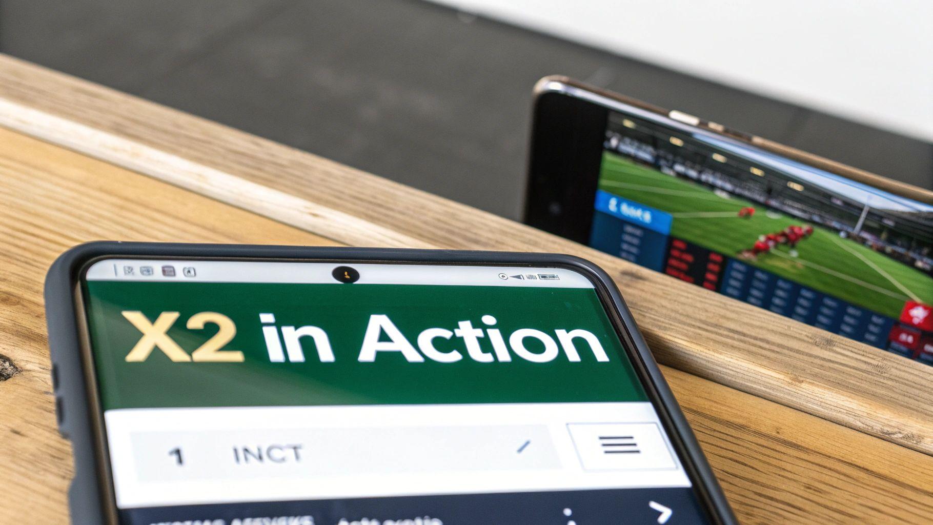 Two smartphones on a wooden surface, one displaying "X2 in Action" and the other a live sports game.