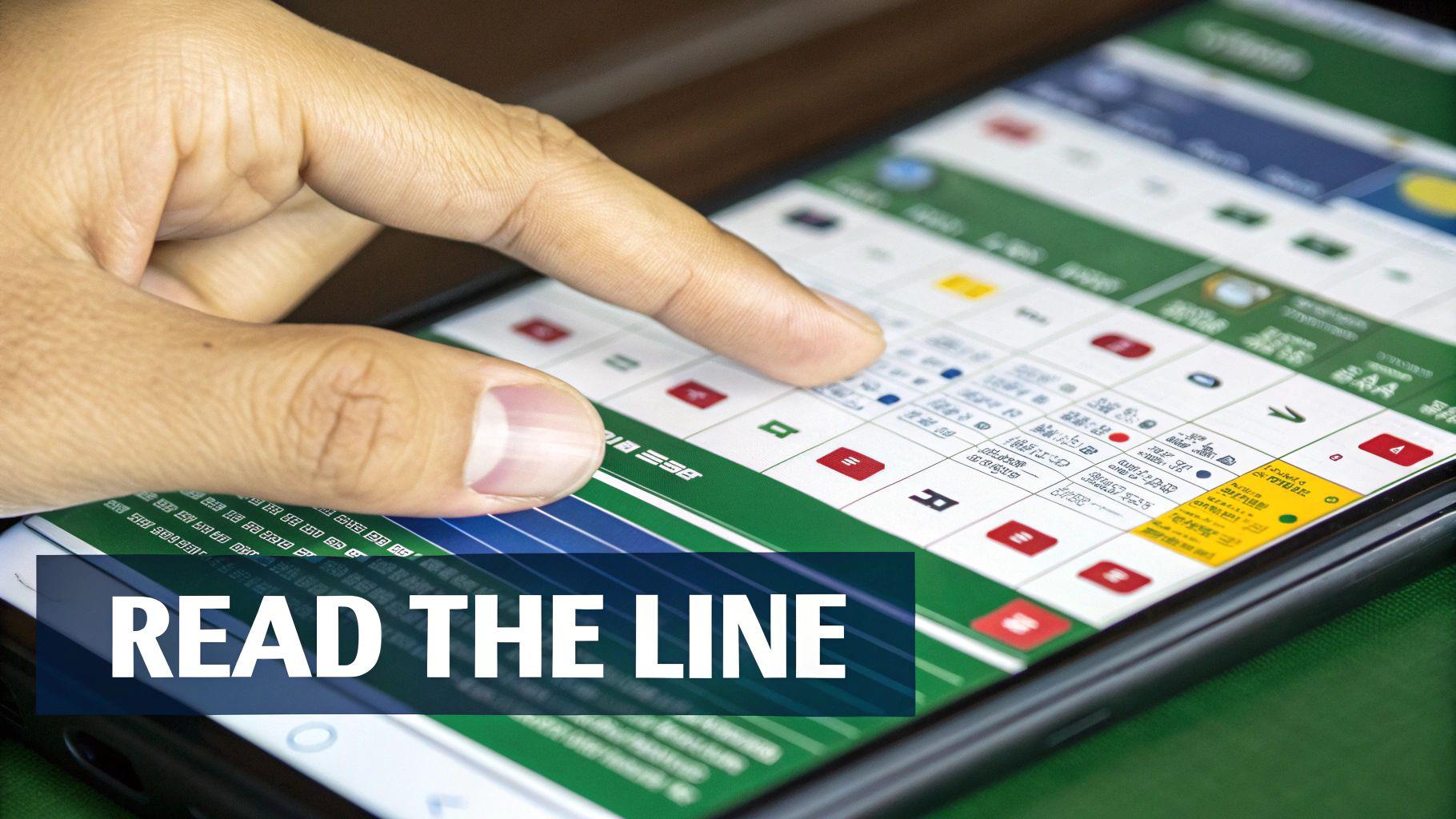 Close-up of a hand tapping a smartphone screen showing sports betting lines and odds.