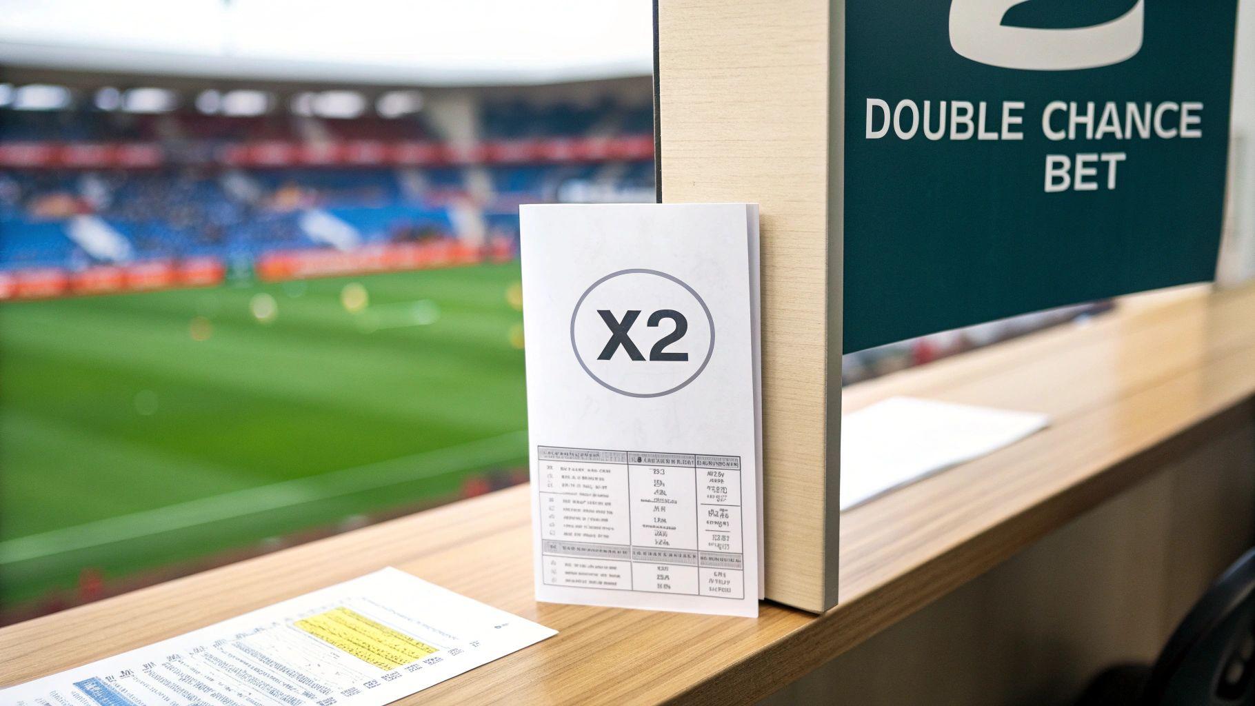 A betting counter at a sports stadium with a 'Double Chance Bet' sign and papers, including one with 'X2'.