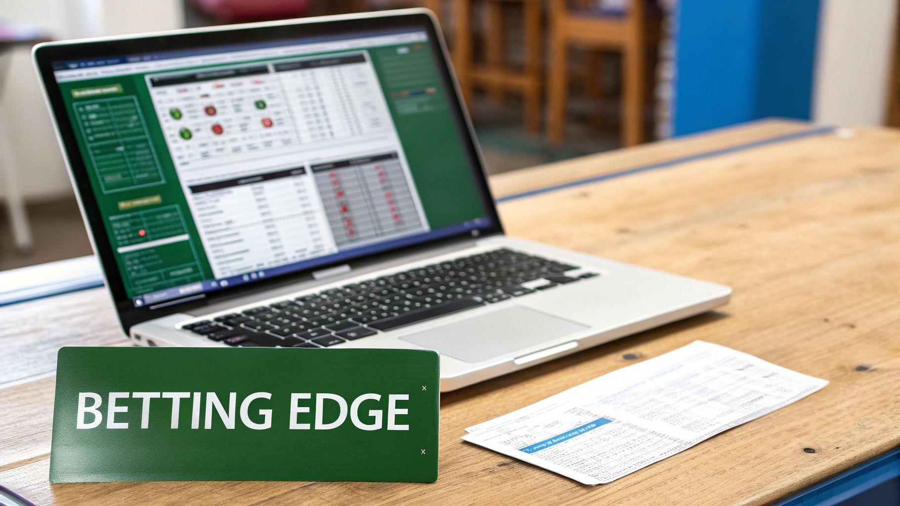 Person analyzing sports betting odds on a laptop and phone.
