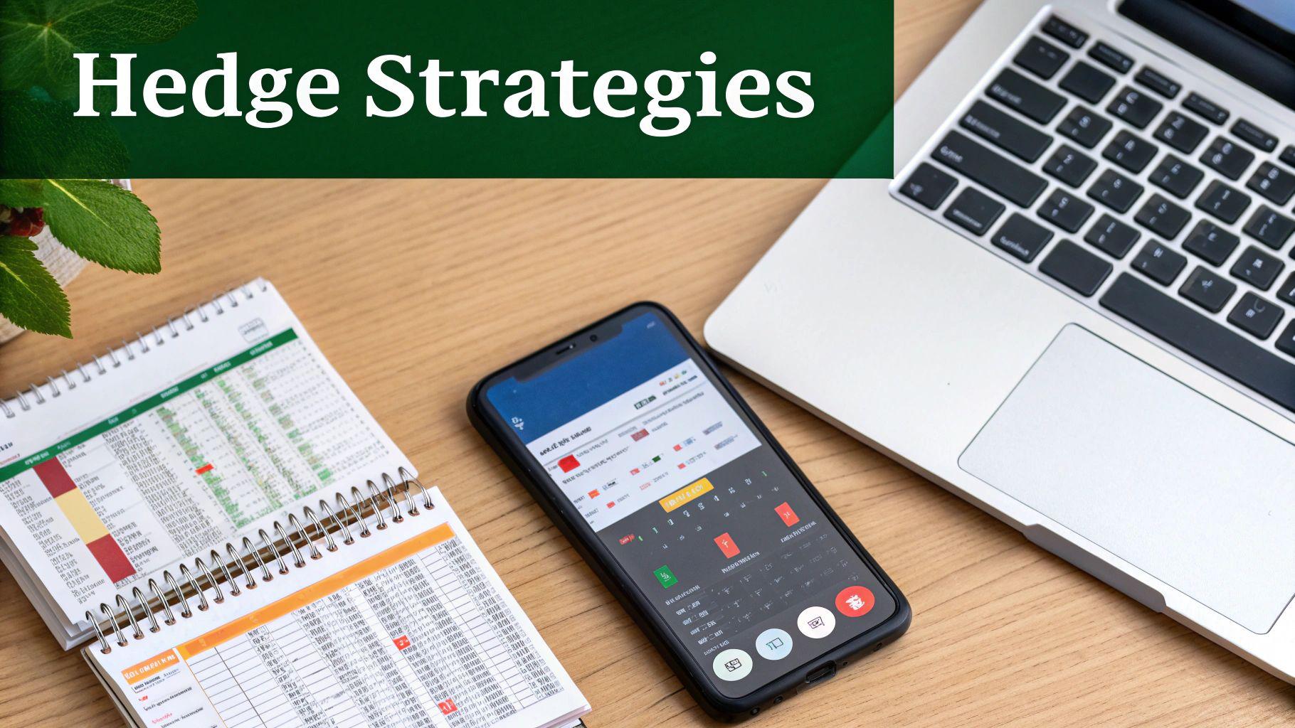 Hedge strategies workspace with laptop, smartphone showing trading app, and spiral notebook with financial data spreadsheet