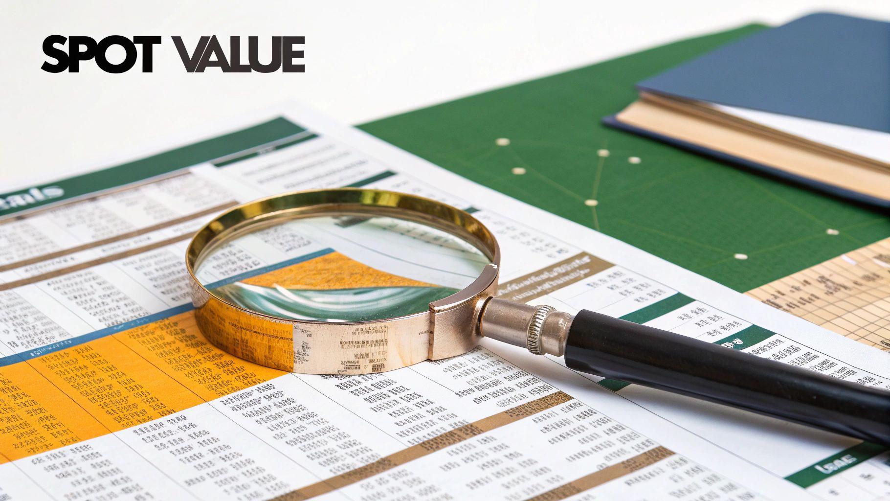 A magnifying glass hovering over a sports betting odds board, highlighting a specific number to signify finding value.