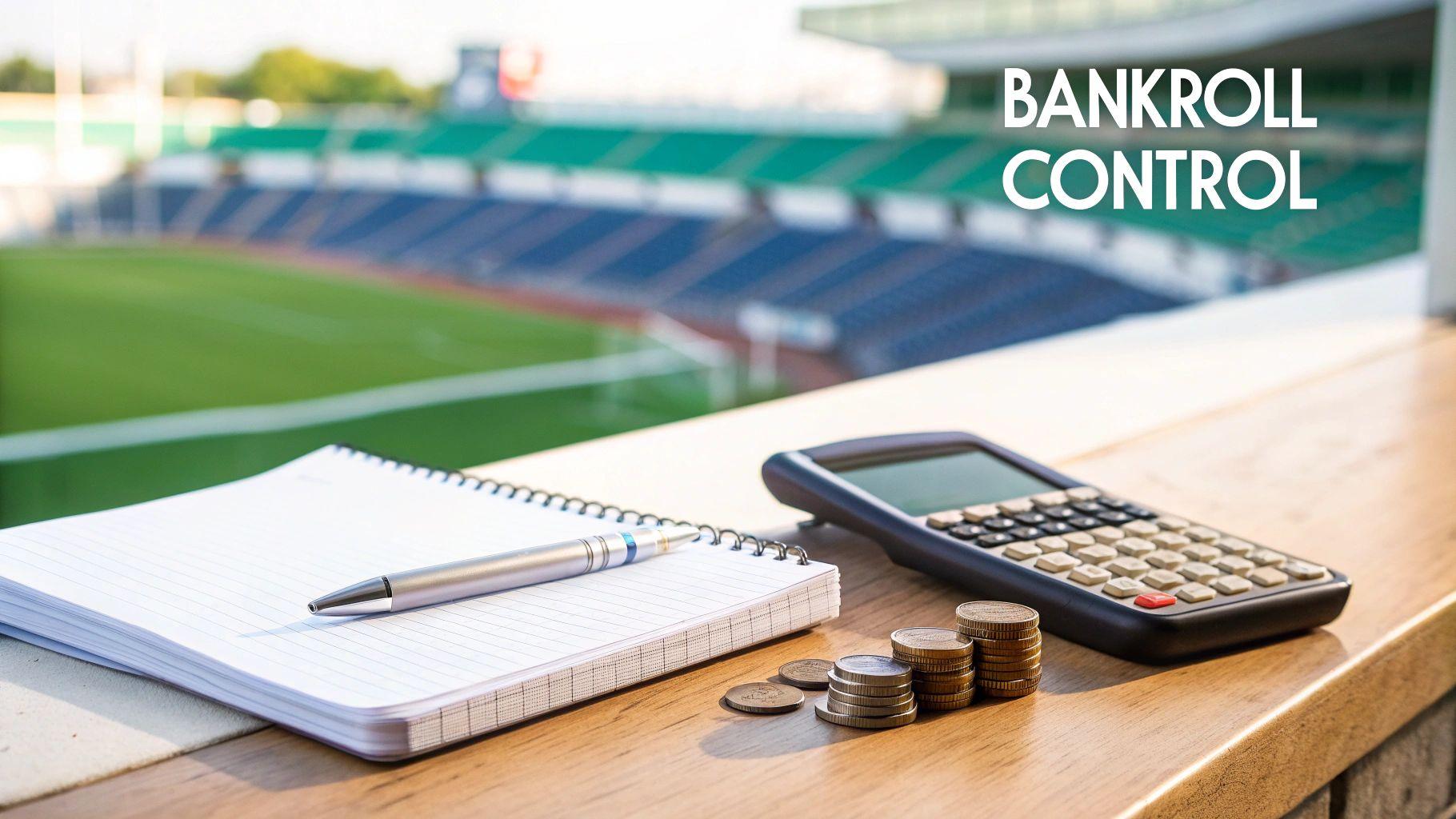 Coins and a piggy bank on a wooden surface, representing financial management for betting.