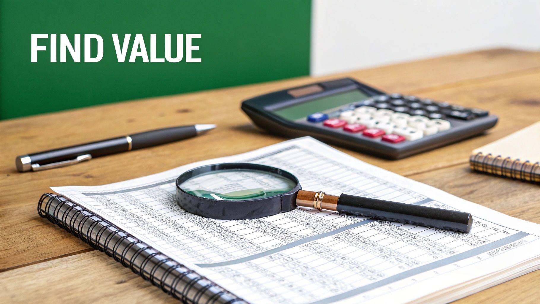 Financial documents, a magnifying glass, calculator, and pen on a wooden desk with 'FIND VALUE' text.